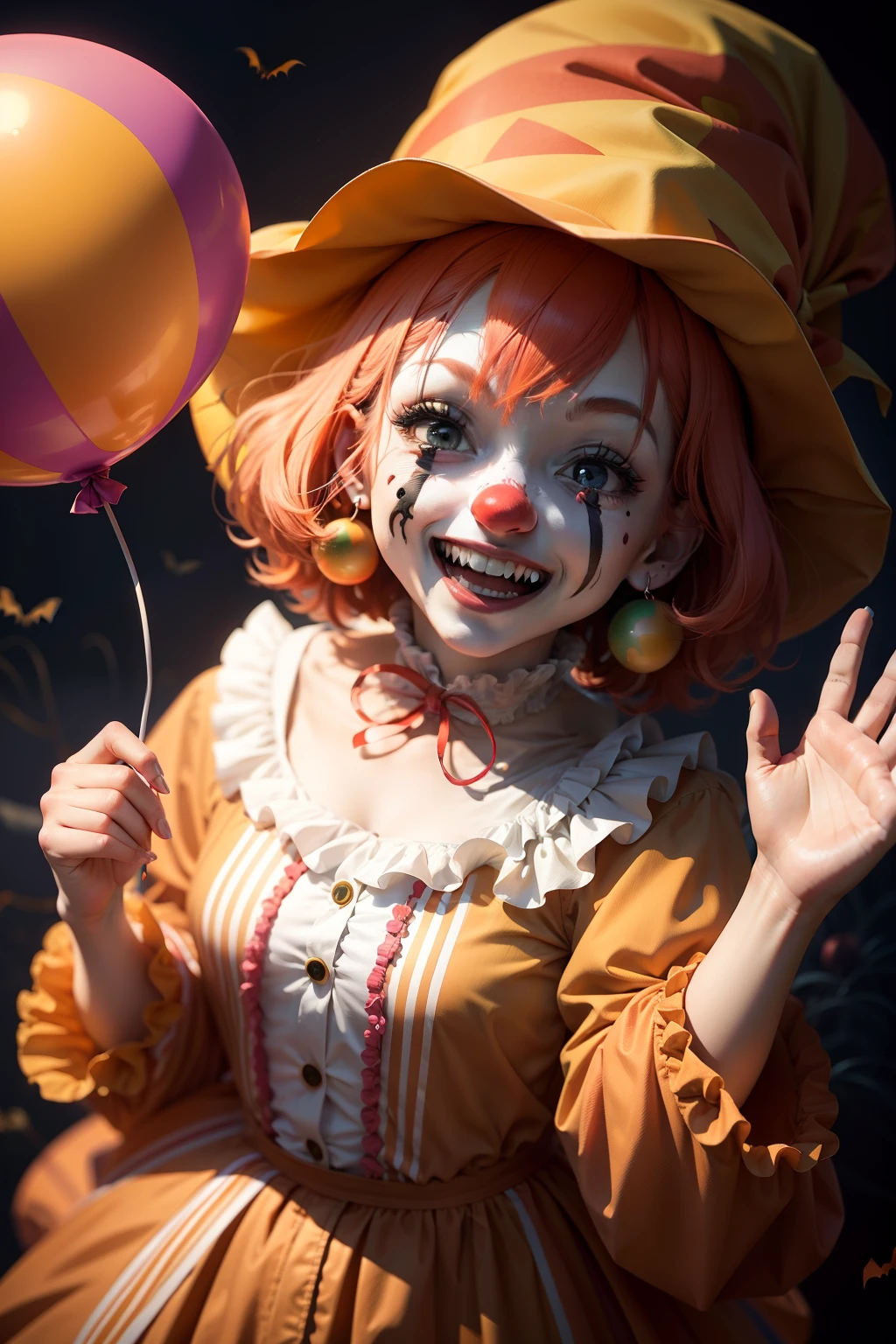 Clown Woman，Colorful，Laughing，Cute holding a balloon and waving、Halloween、horor