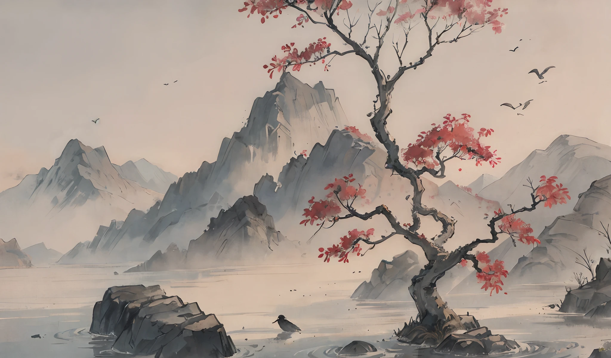 "(High image quality+1.5)Two small birds,Fall on the branches,K HD,Landscapes and birds are relatively small,chinse landscape,traditional chinese watercolor,traditional Chinese painting,Chinese ink painting,idyllic scenery。"