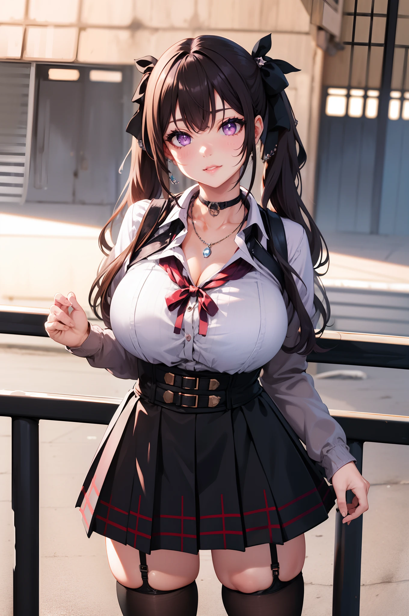 masterpiece, best quality, highres, hs1, light purple eyes, wide hips, thick thighs upskirt, long sleeves, cleavage, long brown hair, twin tails, blunt bangs, streaky hair, pink cardigan, black thighhighs, micro skirt, plaid skirt, red ribbon, garter straps, huge breasts, outdoors, cowboy shot, standing, smile, looking at viewer, thick thighs, jirai kei, street view, sakura, succubuss horns, necklaces, ear piercings