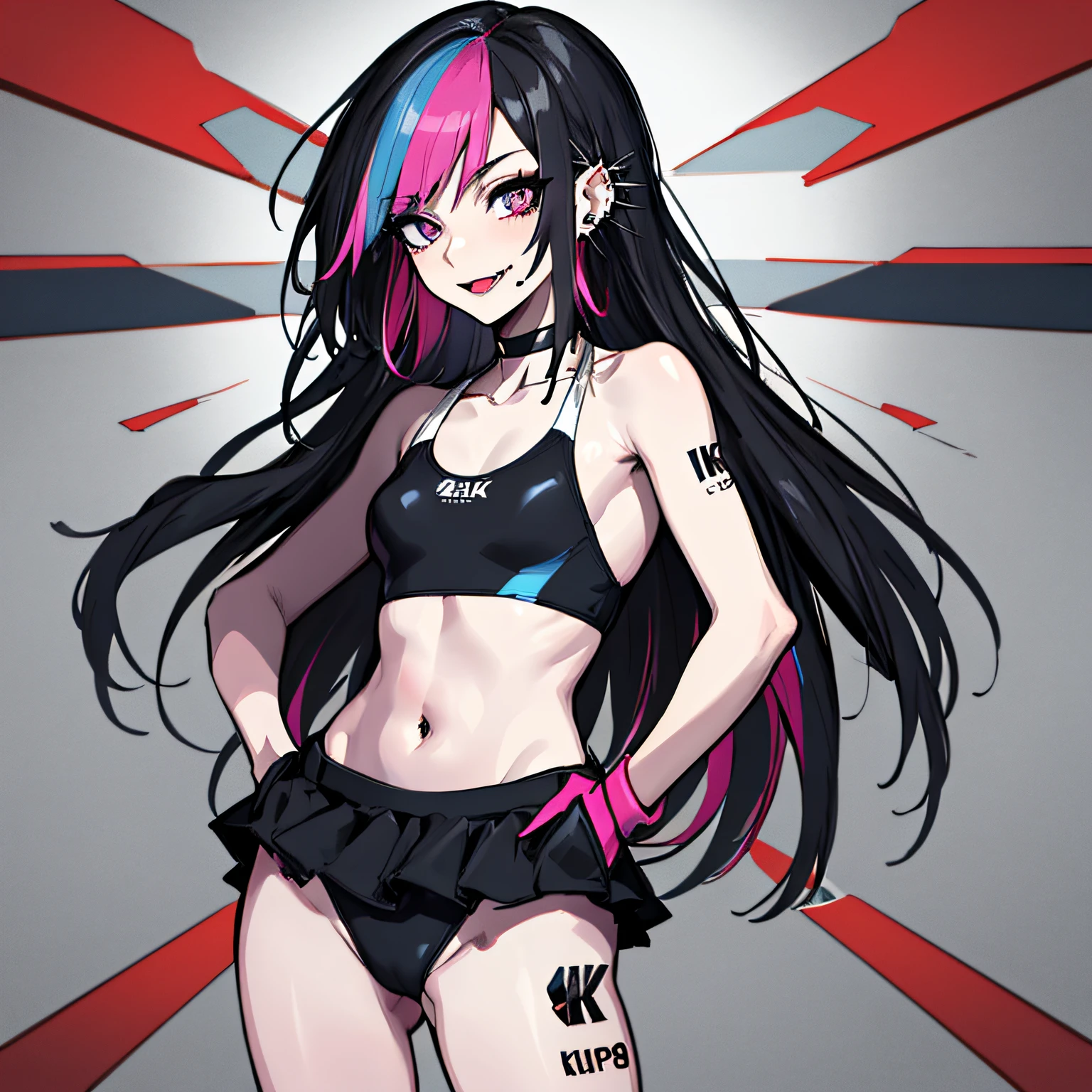 (absurdres, 8k, 4k, masterpiece, hyper extreme detailed:1.2), solo, 1girl, front view, perfect face, 1girl, portrait, expressive eyes, solo, standing, Female, perfect hands, pale skin, friendly, excited, punk rock, Long Hair, Multicolored Hair, black choker, black lipstick, Piercings, Ear Piercings, Lip Piercings, Nose Piercings, small Bust, smile, swimsuit, multicolored swimsuit, swimwear, bikini,  half body, perfect anatomy, hands in pockets, anatomically correct, cowboy shot, no background, empty background, arms behind back, covered chest, white background, exposed shoulder,