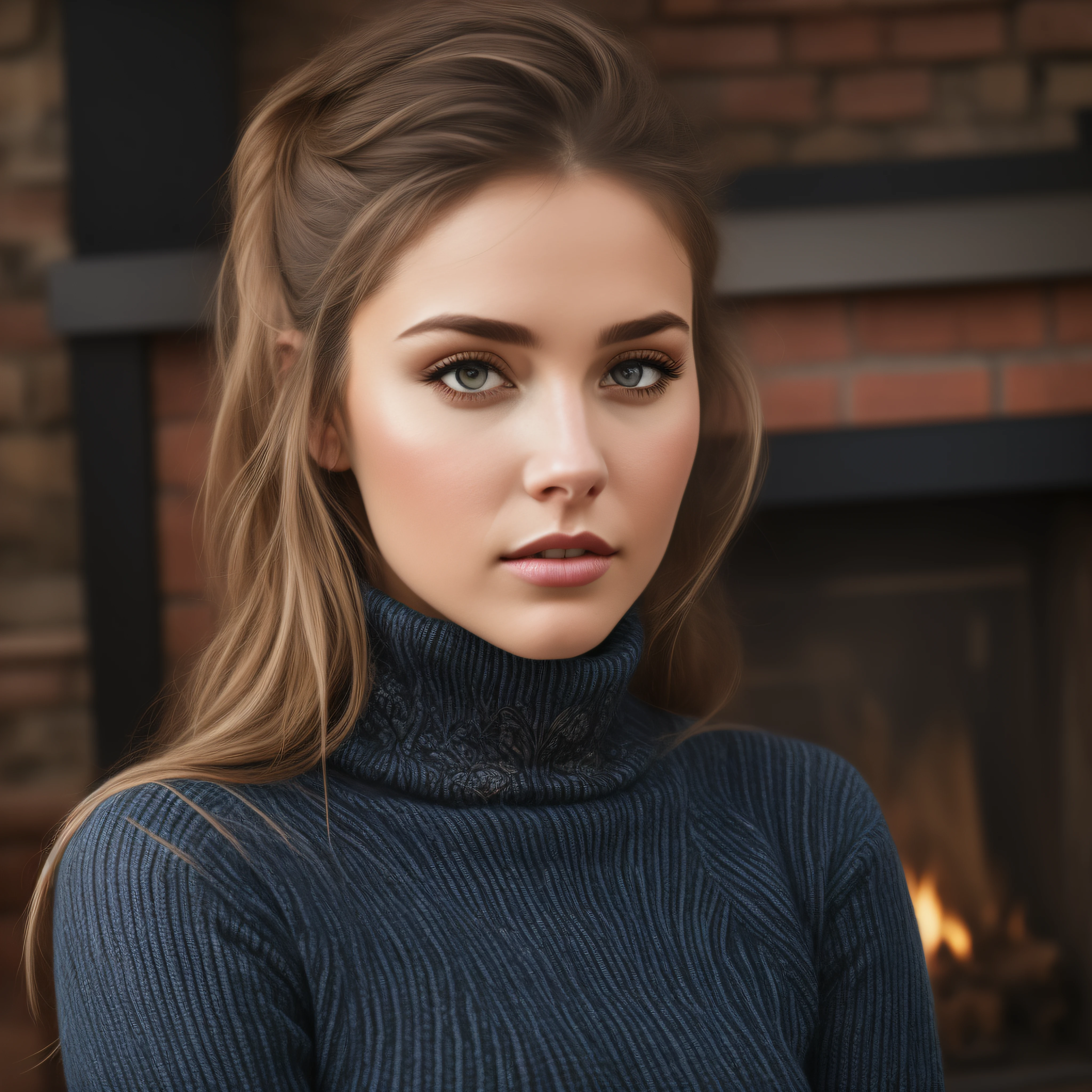 LenaPaul1024, turtleneck, jeans, fireplace, detailed eyes, photography, trending on artstation, sharp focus, studio photo, intricate details, highly detailed, by greg rutkowski