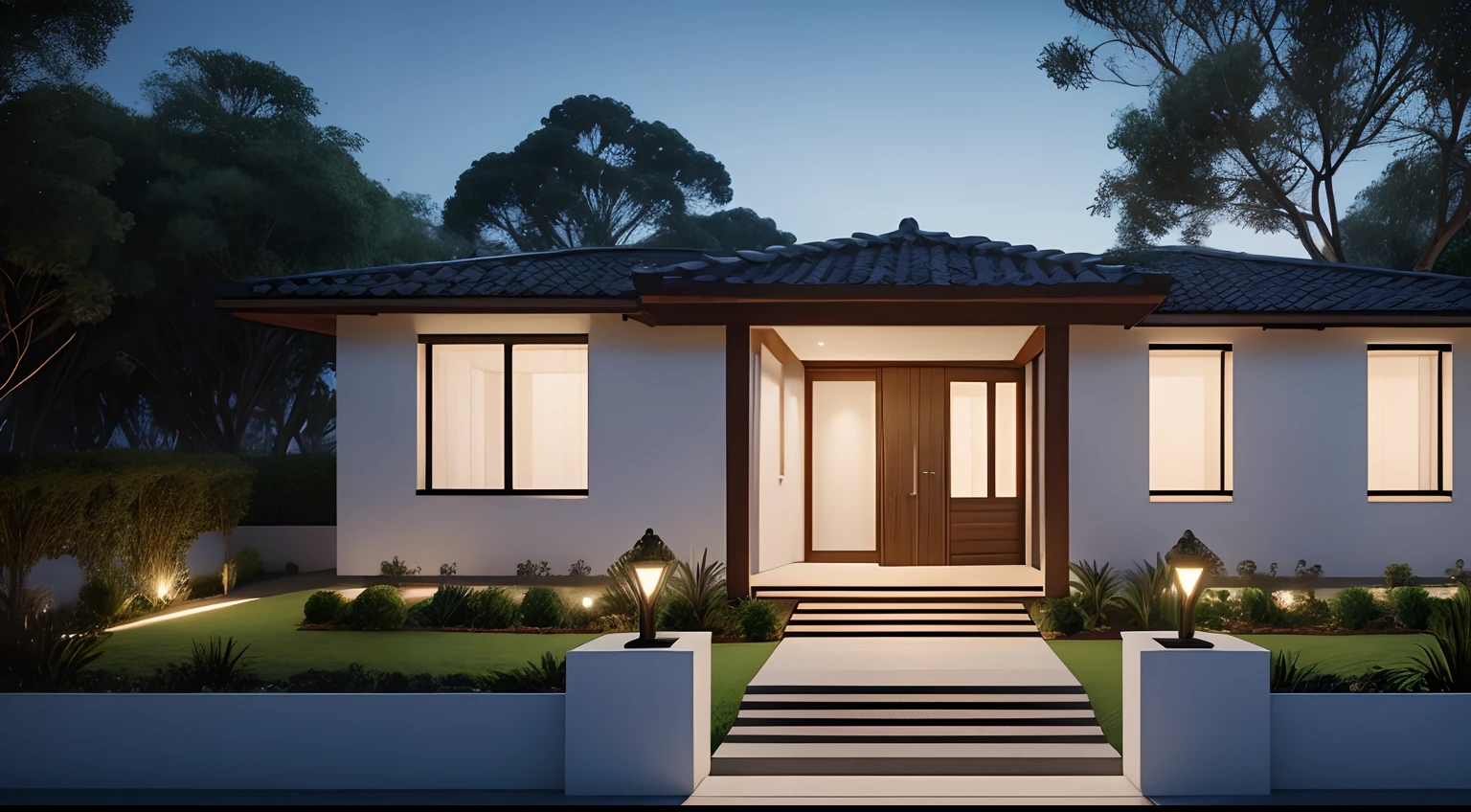 casa grande no campo, Vista externa frontal, (Um andar), ((Estilo moderno)), No meio da floresta, rodeada de campo gramado,ao lado de um rio,muito detalhado, melhor qualidade, muita detalhado,Lumion Pro Rendering, night ligthning, cinematic quality,surpreendente