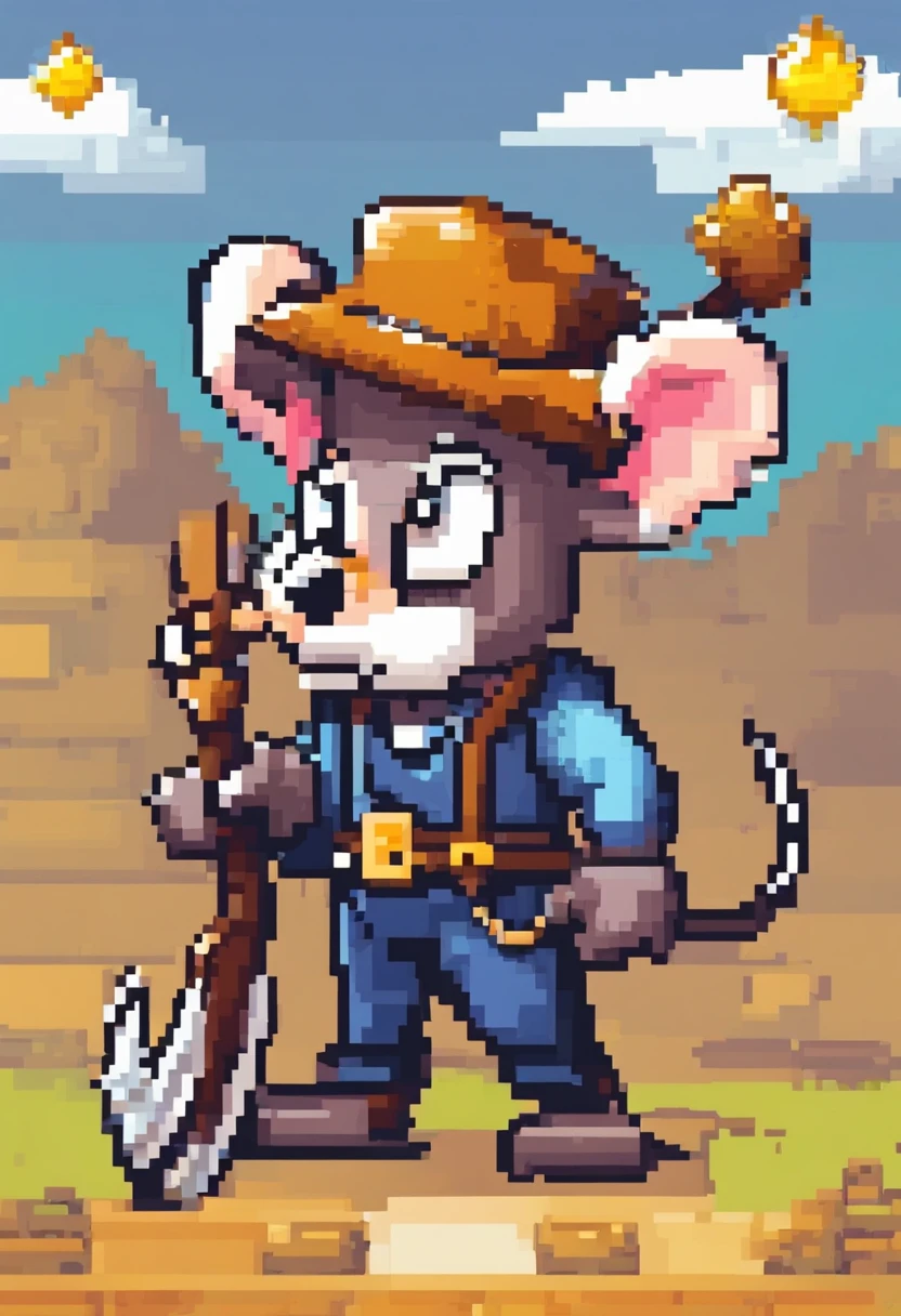 rat character. miner, pick axe, hat with light.