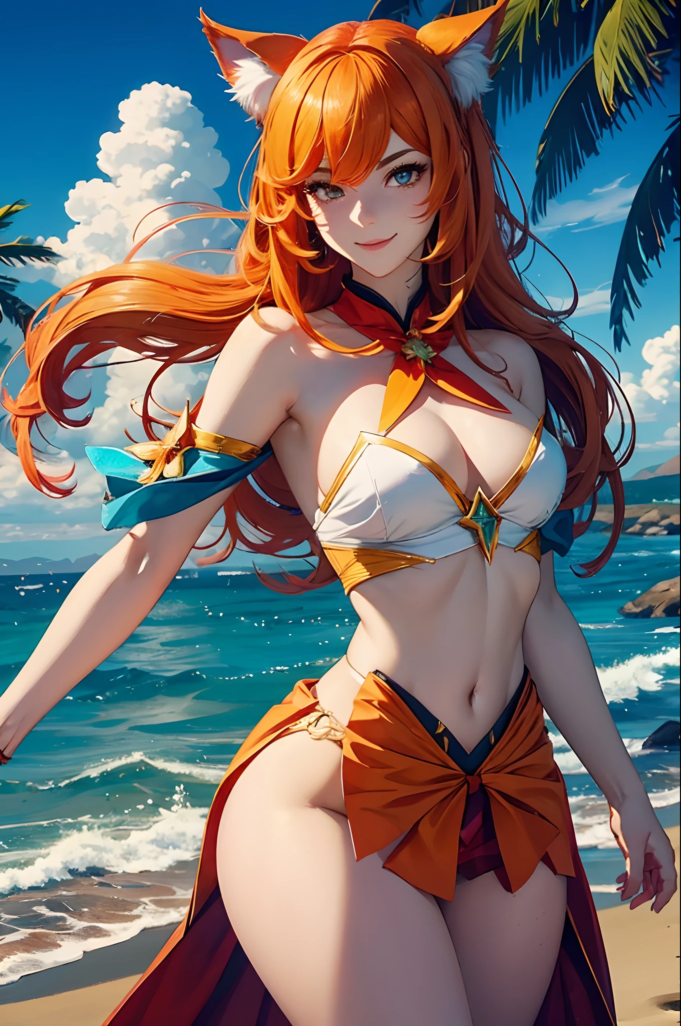 (master part, best quality:1.2), detalhes intrincados,  Guardian Star Ahri, 1girl, orelhas de animais, ornamento de cabelo, Mangas em destaque, bareshoulders, Saia, magical girl, Multiple Tails, orange hair, sorriso leve