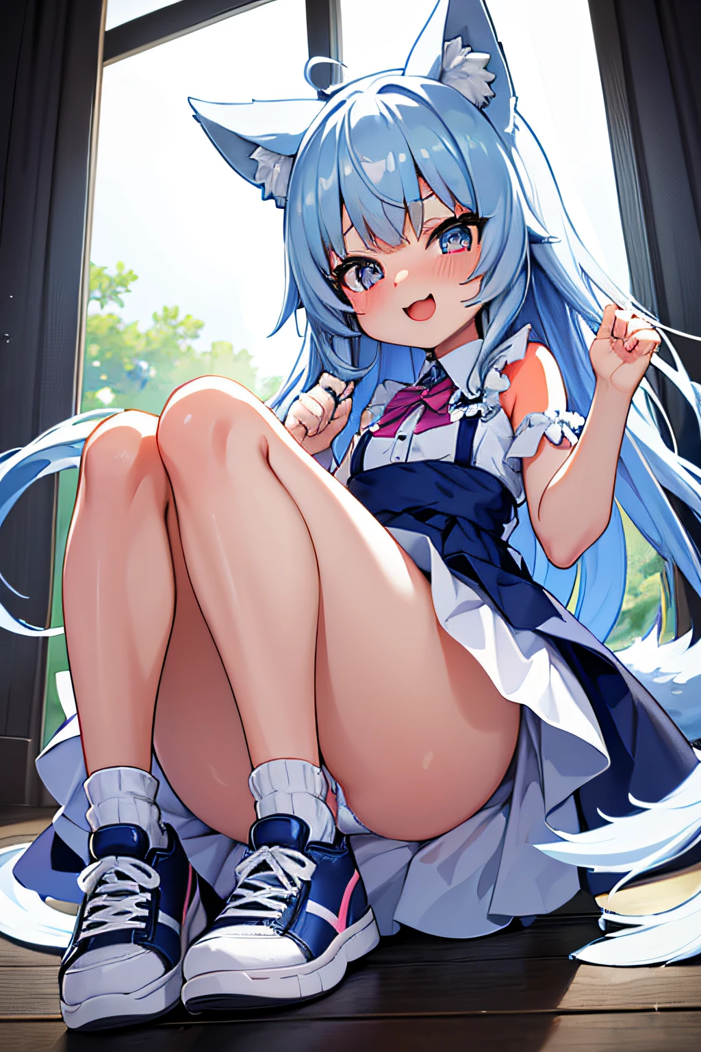 Super ultra happy cute ***********, with wolf ears and blue hair, holding her dress, wolf tail, wearing a white summer dress, looking at veiwer, full body, upskirt, striped blue and white panties, sneakers, blushing