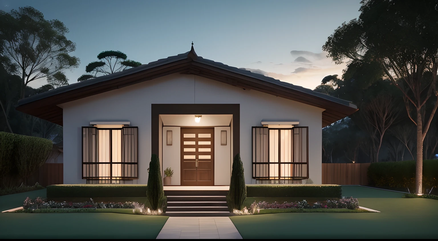 casa grande no campo, Vista externa frontal, (Um andar), ((Estilo moderno)), No meio da floresta, rodeada de campo gramado,ao lado de um rio,muito detalhado, melhor qualidade, muita detalhado,Lumion Pro Rendering, night ligthning, cinematic quality
