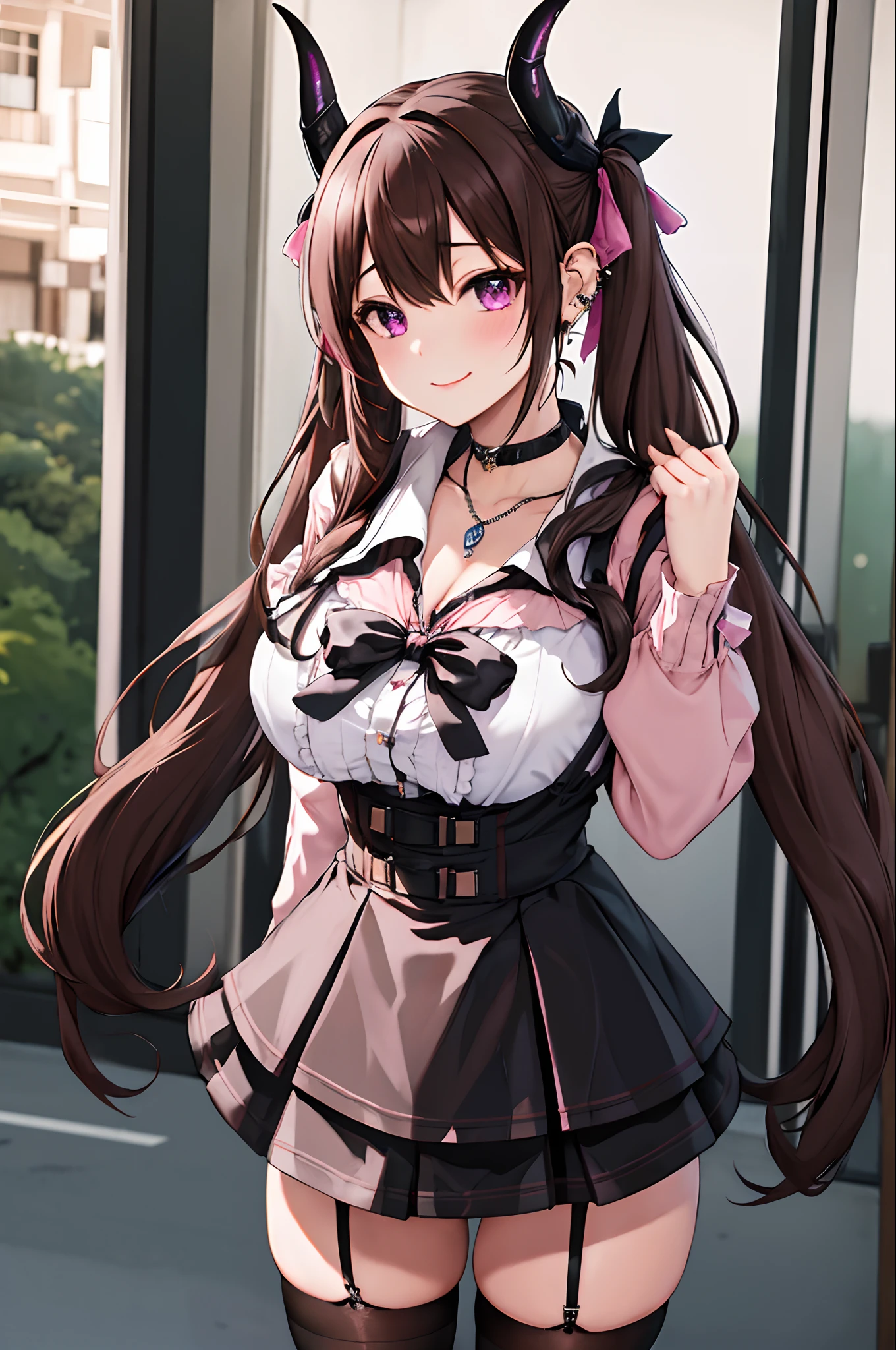 masterpiece, best quality, highres, hs1, light purple eyes , twintails, hair ribbon, long sleeves, cleavage, light brown hair, pink cardigan, black thighhighs, plaid skirt, red ribbon, necklaces, black choker, garter straps, school uniform, outdoors, cowboy shot, standing, smile, huge breasts, thick thighs, jirai kei, ear piercings, succubus horns