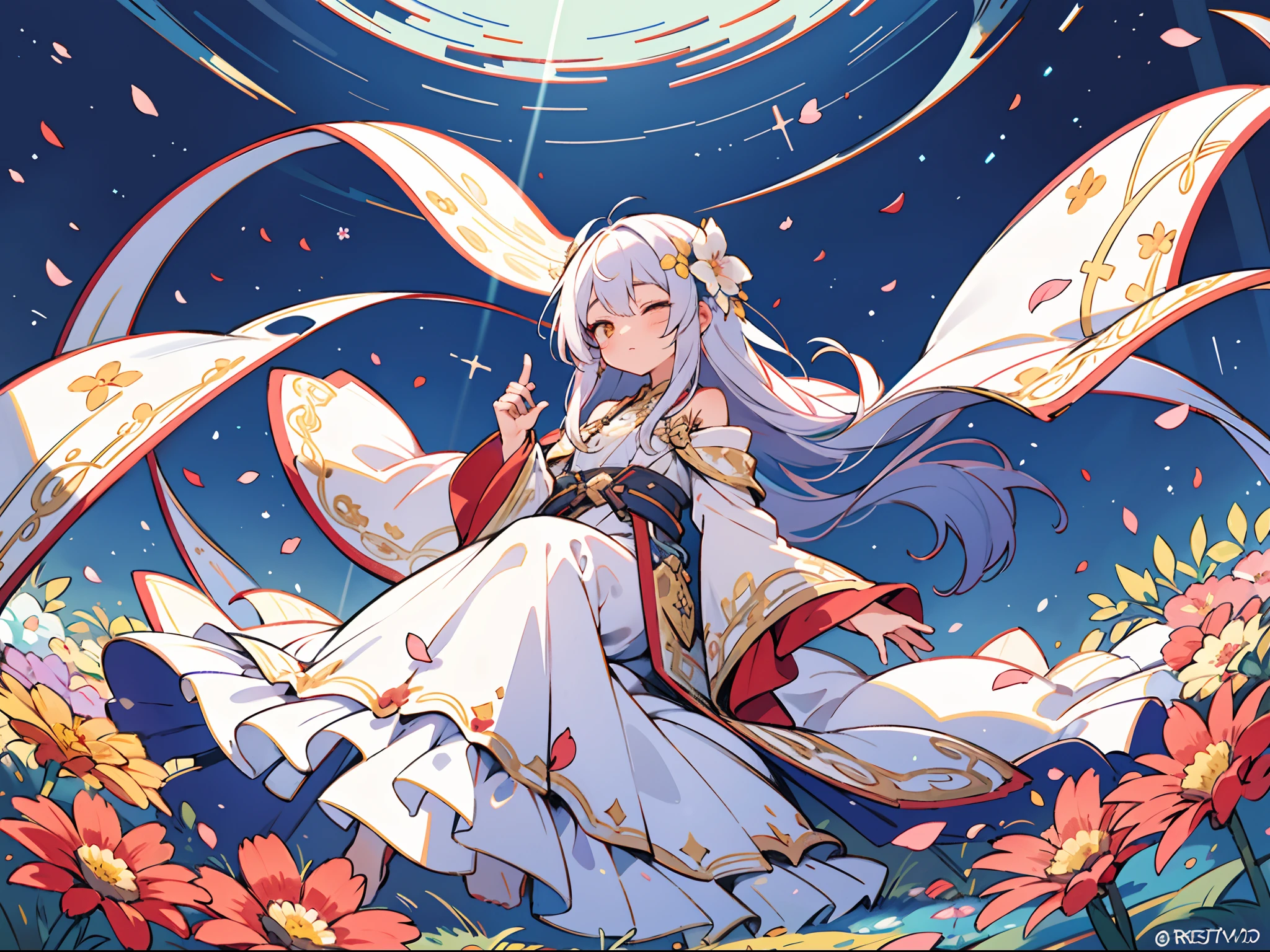 A fantastic illustration set in a vast and colorful flower field that spreads out as far as the eye can see. In the center of this flower-filled landscape, Depict a beautiful priestess in an elegant robe. She sits gracefully in front of a grand piano, Her fingers dancing on the keyboard. A breeze stirs her hair and robes, And the petals from the surrounding flowers are caught in the wind, Swirling around her. Sunlight shines softly, Her calm expression immersed in music. The whole scene should exude ethereal beauty and tranquility, [[[[Multiple fingers]]]], [[[[Multiple arms]]]]]