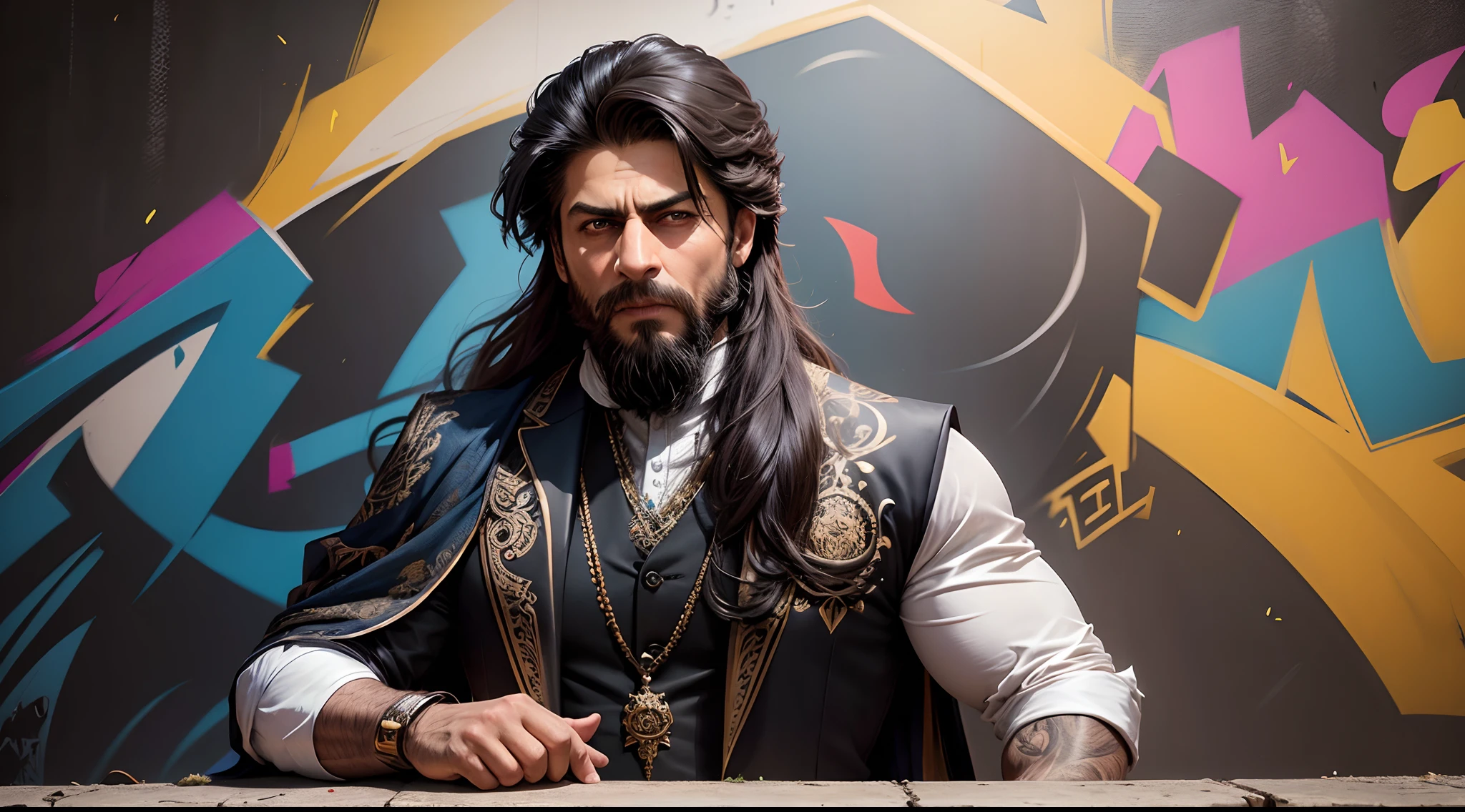 Shah Rukh Khan with long beard and dredlock hair, suit, a dog, graffiti wall, cinematic, full detailed, hyper realistic face, masterpiece, hyper detailed