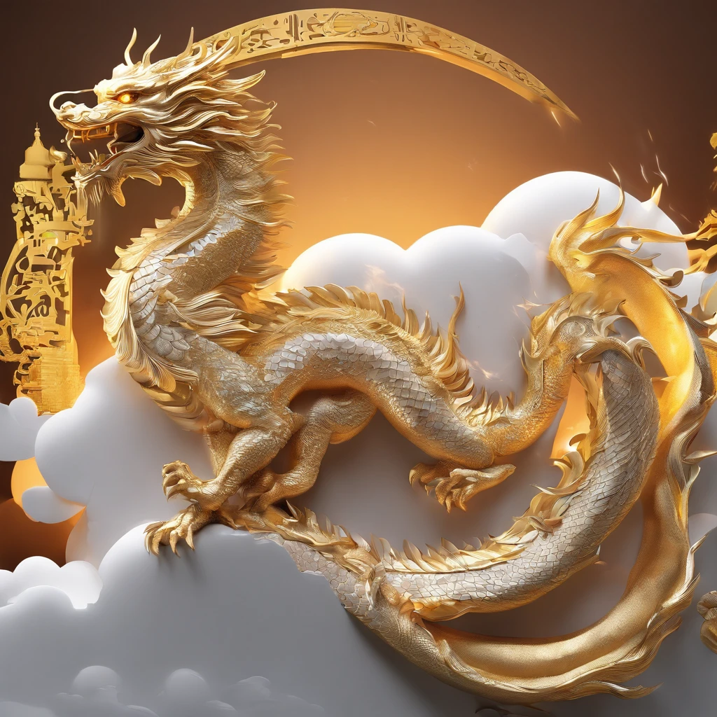A logo、​masterpiece、(white backgrounid:1)、Golden Chinese dragon surrounded by white clouds、Deities々Halo、the wind、Deities、long wavy body、tusk、The upper part of the body、Fantasia、myth、hightquality、ighly detailed、​masterpiece、epic poem、Particle effect、Dynamic effects
