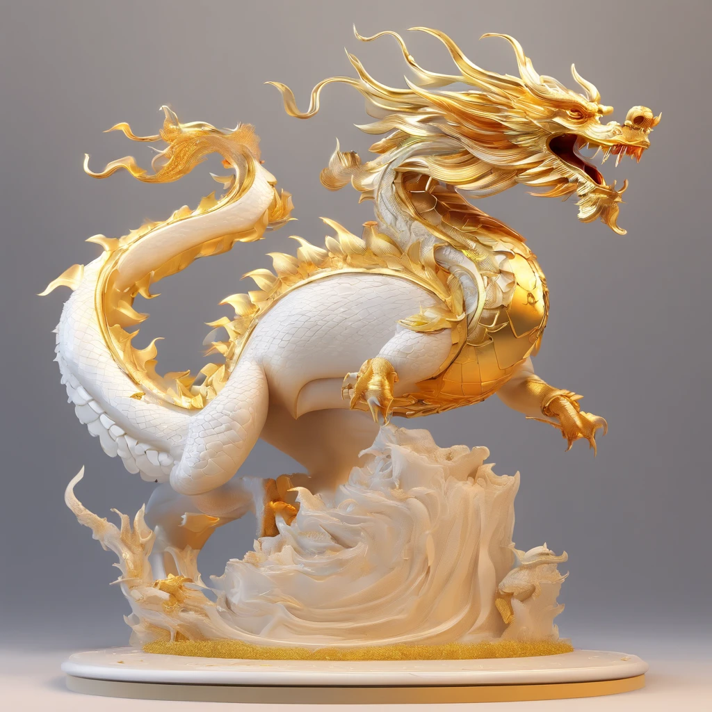 A logo、​masterpiece、(white backgrounid:1)、Golden Chinese dragon surrounded by white clouds、Deities々Halo、the wind、Deities、long wavy body、tusk、The upper part of the body、Fantasia、myth、hightquality、ighly detailed、​masterpiece、epic poem、Particle effect、Dynamic effects