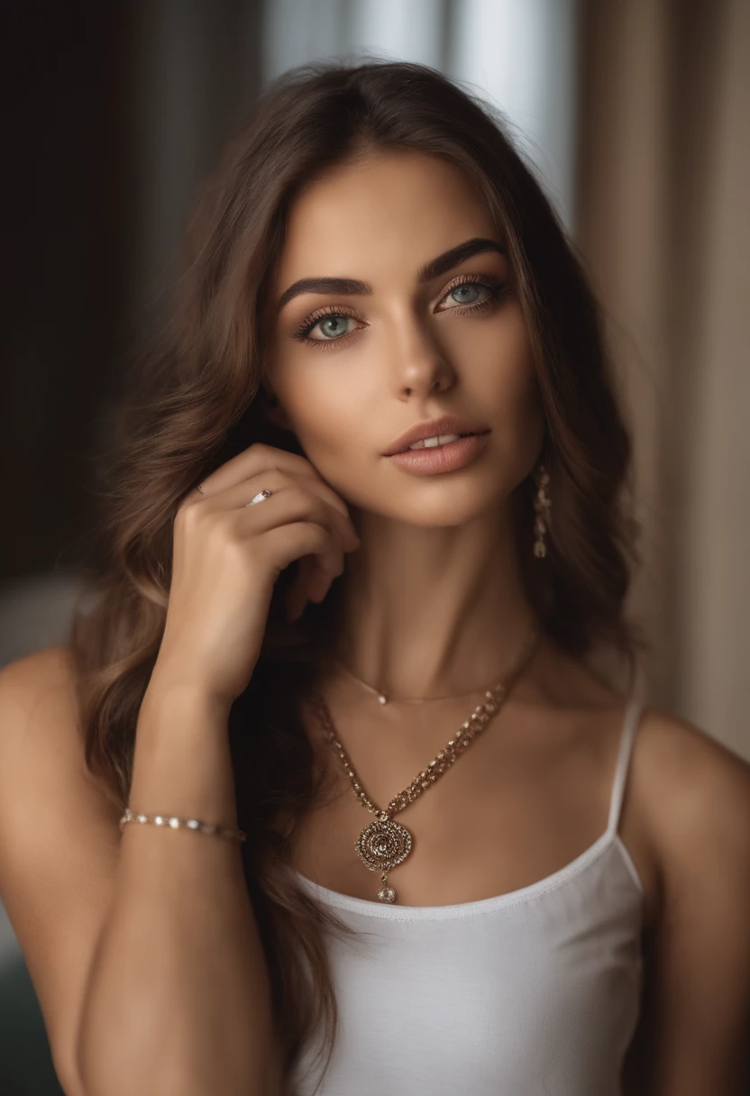 Arafed woman with a white tank top and necklace, fille sexy aux yeux verts, Portrait Sophie Mudd, cheveux bruns et grands yeux, selfie of a young woman, Yeux de chambre, Violet Myers, sans maquillage, maquillage naturel, looking straight at camera, Visage avec Artgram, Maquillage subtil, Superbe photo du corps entier, piercing green eyes, latina
