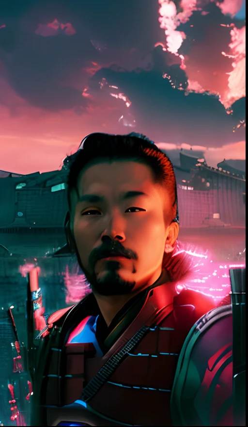 textless, wide shot, background ocean of clouds, CyberRonin, (Cyber-Samurai:1.2)
