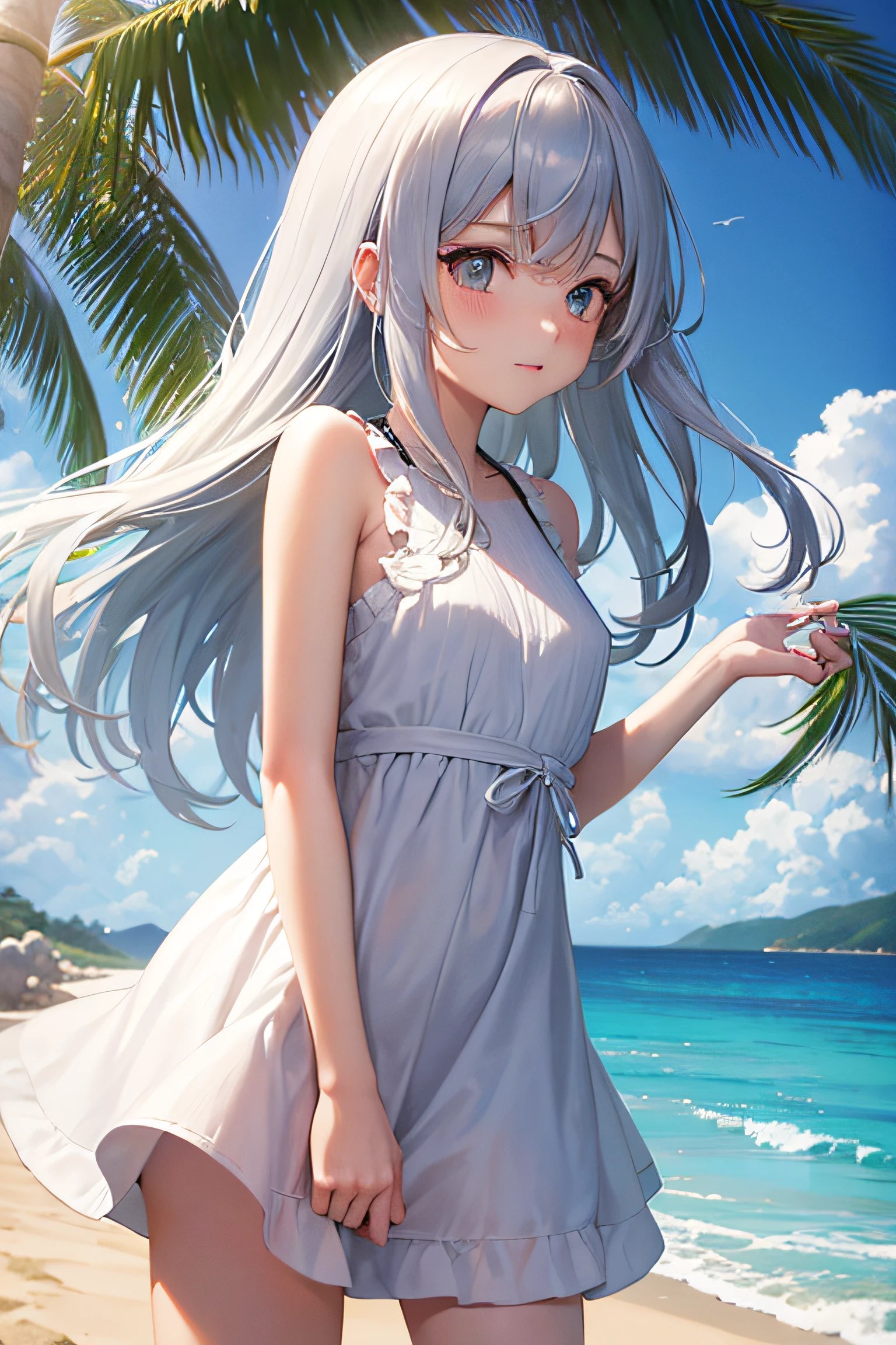 1 girl in, (masutepiece: 1.1), (Best Quality: 1.1), Summery sleeveless mini dress, (Beach: 1.1), From below、Cowboy Shot, Silver hair, Long hair, Green eyes, Side view,