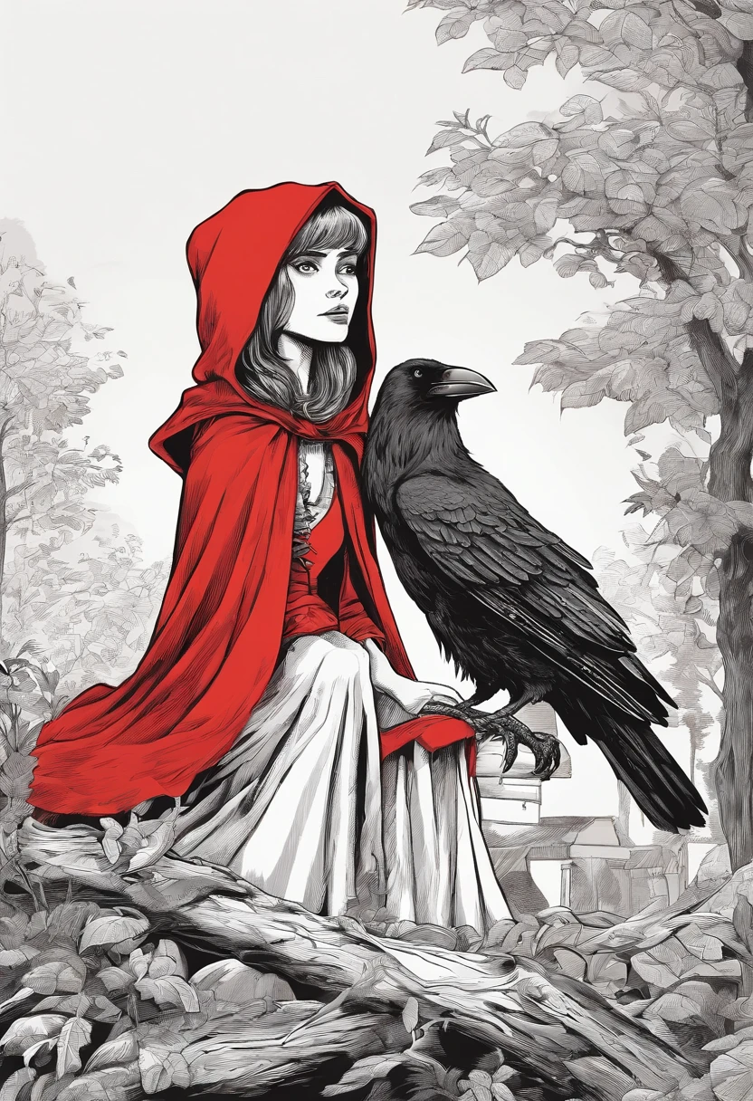 Little Red Riding Hood chatting with the wise crow, with the crow perched on a branch looking very wise. You can include an open book beside the crow to signify its wisdom