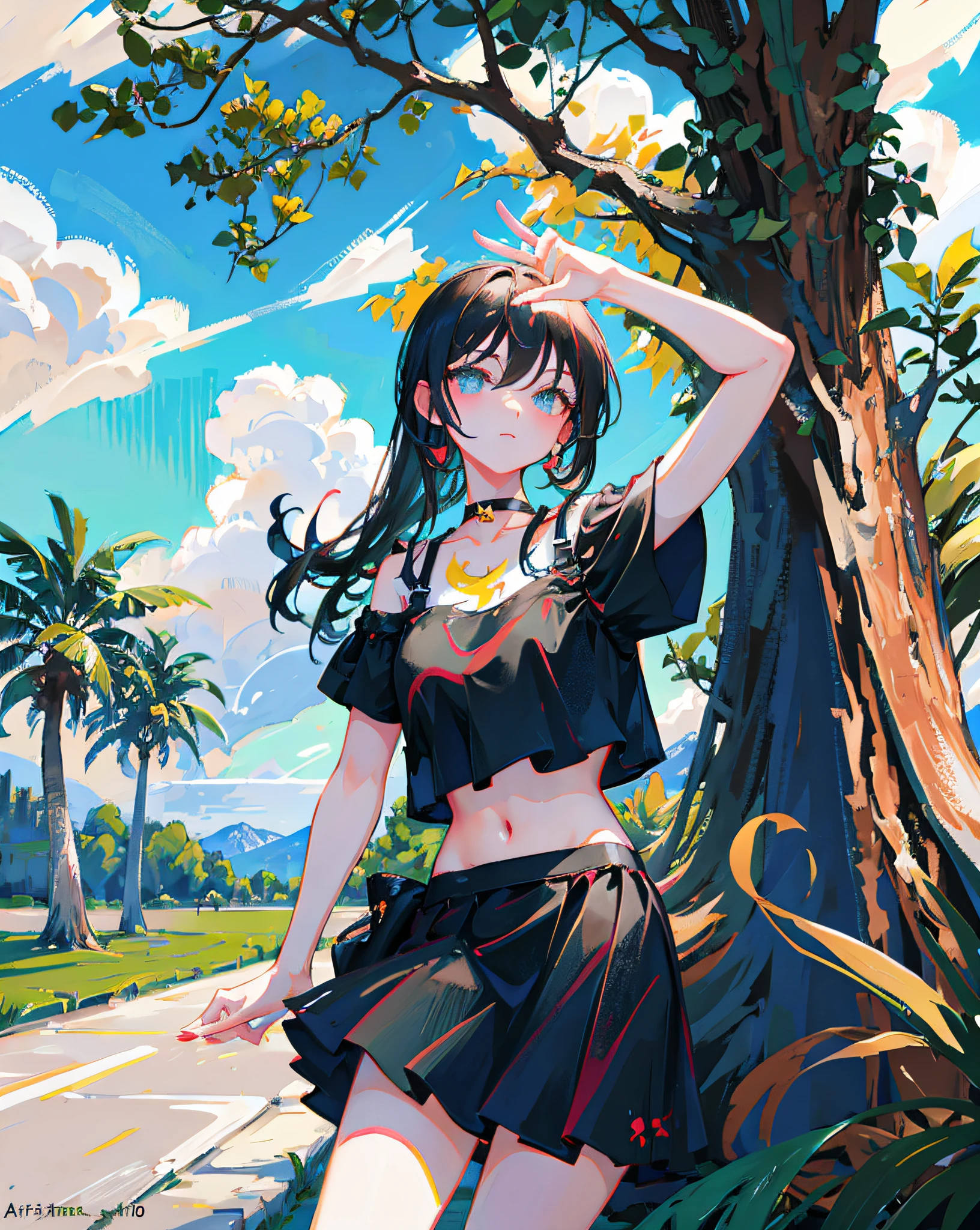 (Realistic painting style:1.0), Masterpiece, Best quality, absurderes, comic strip, illustration,
1 girl, Long hair, Cute girl, young and cute girl, Korean girl, {Breasts}, Hana,
A girl in a black dress sits on a rock next to a tree, wearing sexy cropped top, wearing crop top and miniskirt, Black top, wearing a black cropped tank top, Black skirt, a black choker,
Blonde, Blonde hair, blond hairbl,
