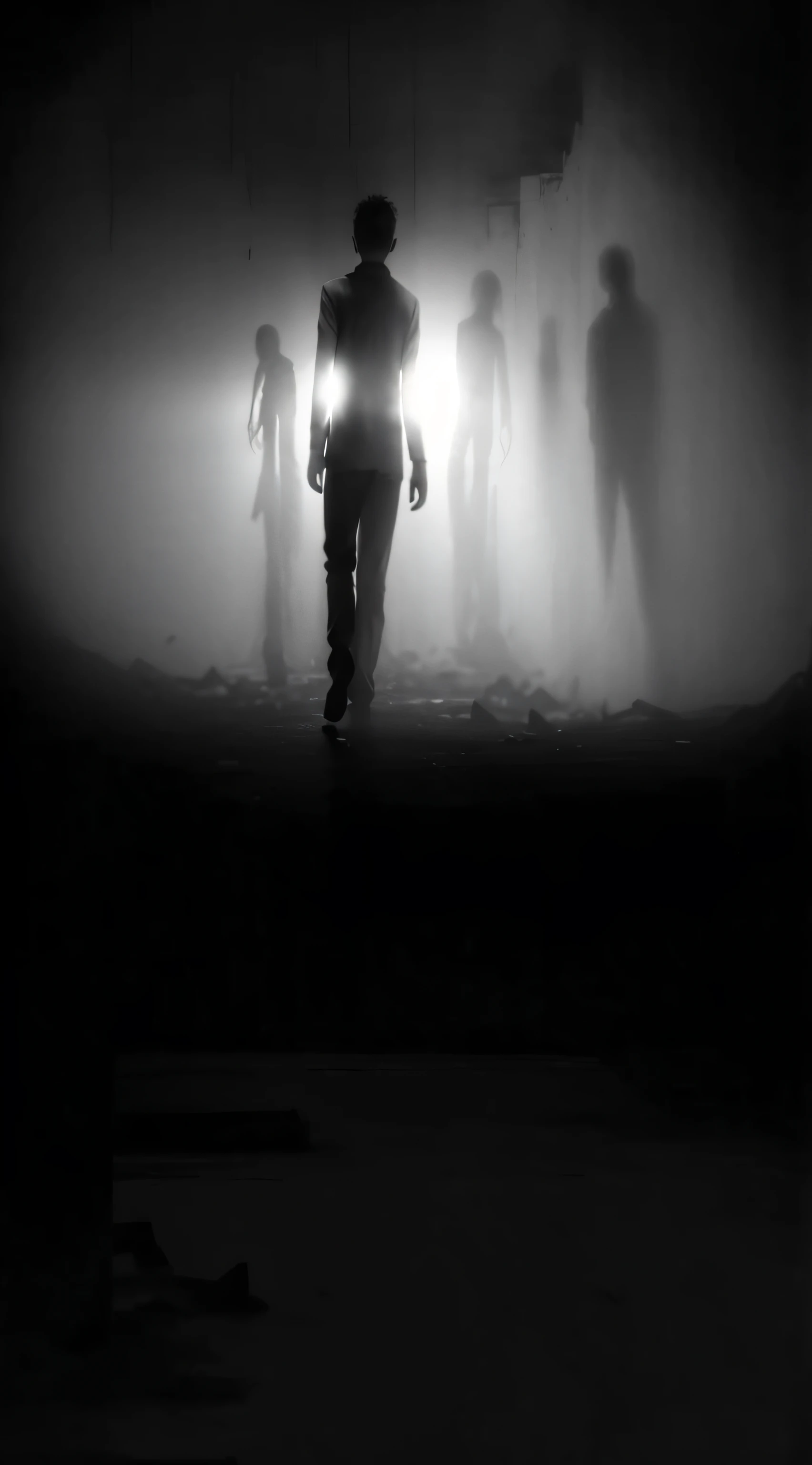 Come out of the darkness，Seeking eternity in the midst of devastation，Release yourself in the dark，Black and white gray，Men
