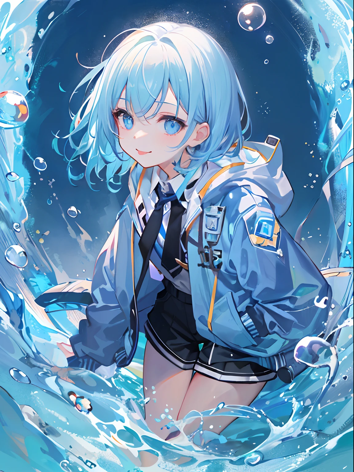 ((top-quality)), ((masterpiece)), ((ultra-detailliert)), (extremely delicate and beautiful), girl with, 独奏, cold attitude,((Black jacket)),She is very(relax)with the(Settled down)Looks,A dark-haired, depth of fields,evil smile,Bubble, under the water, Air bubble,bright light blue eyes,Inner color with light blue hair and light blue tips,Cold background,Bob Hair - Linear Art, shortpants、knee high socks、White uniform like school uniform、Light blue ribbon ties、Clothes are sheer、Hands in pockets、Bright eyes like sapphires,flourescent blue, There was a little blue light floating around、stick out tongue