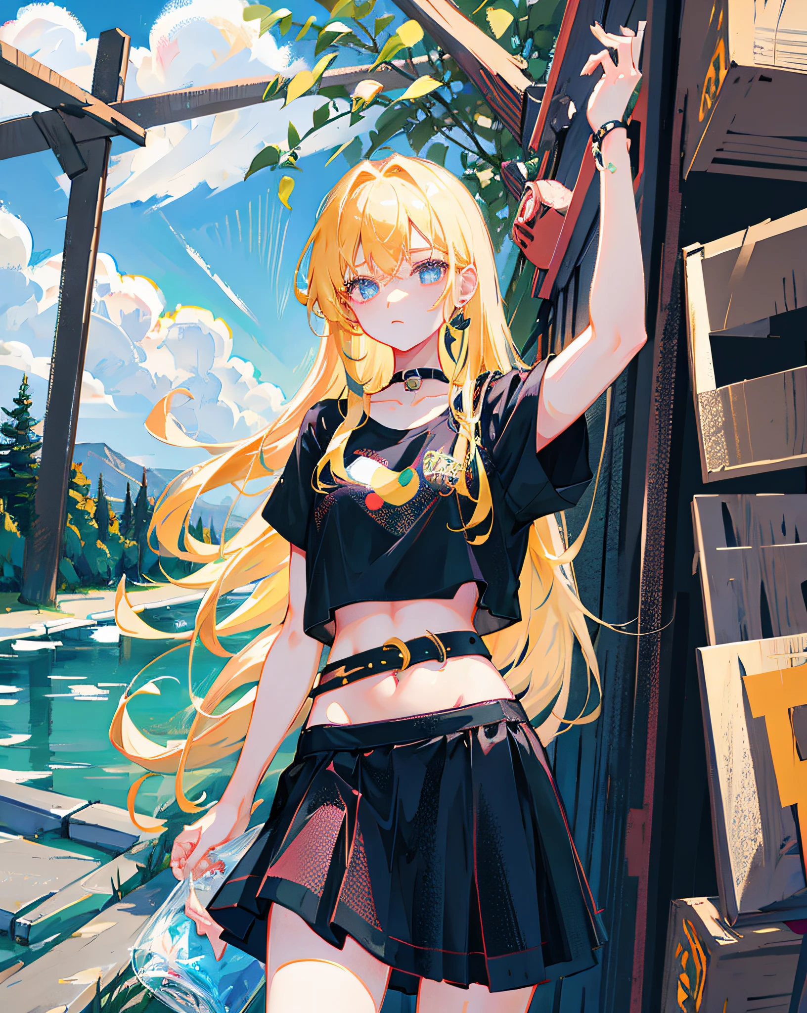 (Realistic painting style:1.0), Masterpiece, Best quality, absurderes, comic strip, illustration,
1 girl, Long hair, Cute girl, young and cute girl, Korean girl, {Breasts}, Hana,
A girl in a black dress sits on a rock next to a tree, wearing sexy cropped top, wearing crop top and miniskirt, Black top, wearing a black cropped tank top, Black skirt, a black choker,
Blonde, Blonde hair, blond hairbl,