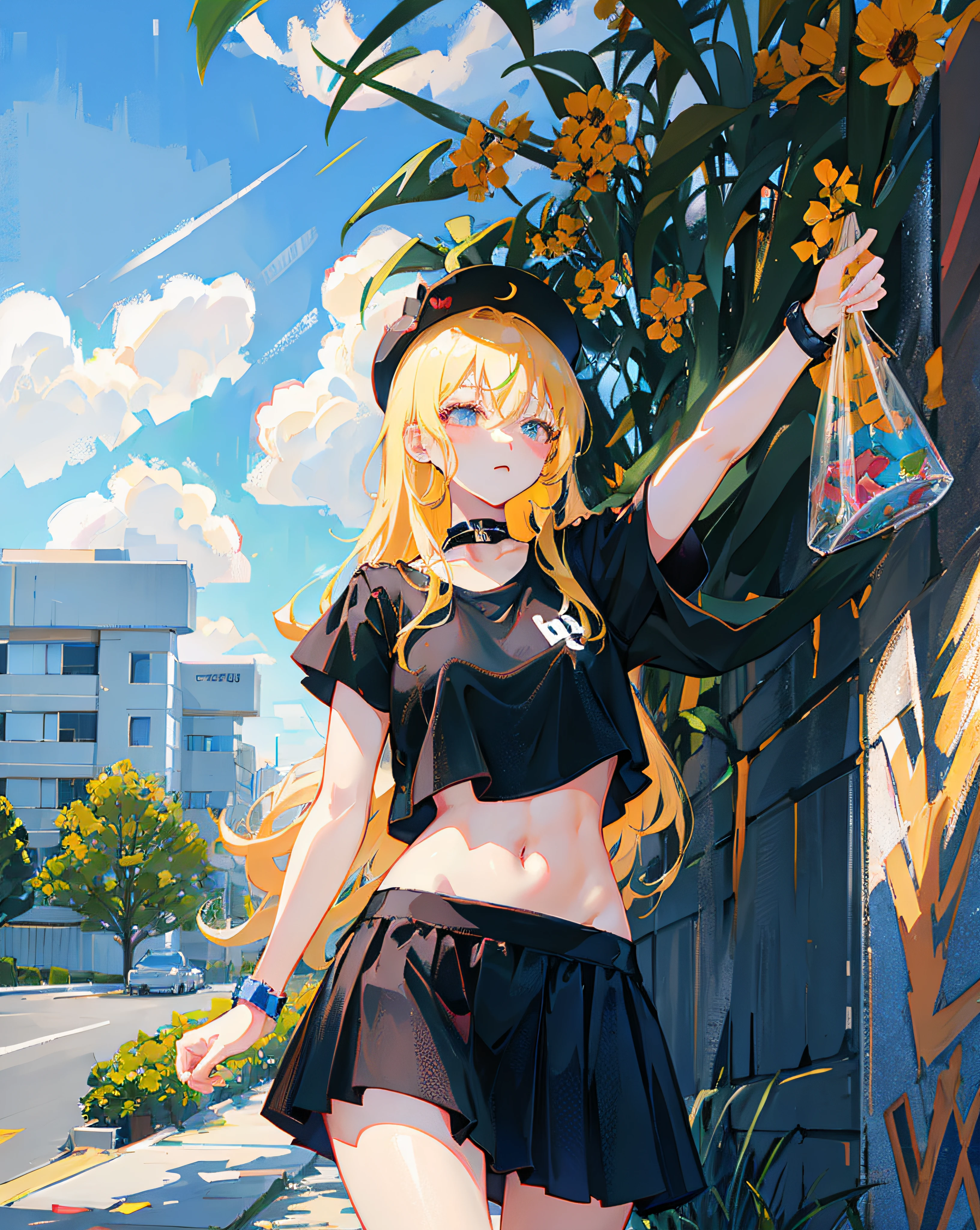 (Realistic painting style:1.0), Masterpiece, Best quality, absurderes, comic strip, illustration,
1 girl, Long hair, Cute girl, young and cute girl, Korean girl, {Breasts}, Hana, 
A girl in a black dress sits on a rock next to a tree, wearing sexy cropped top, wearing crop top and miniskirt, Black top, wearing a black cropped tank top, Black skirt, a black choker, 
Blonde, Blonde hair, blond hairbl,