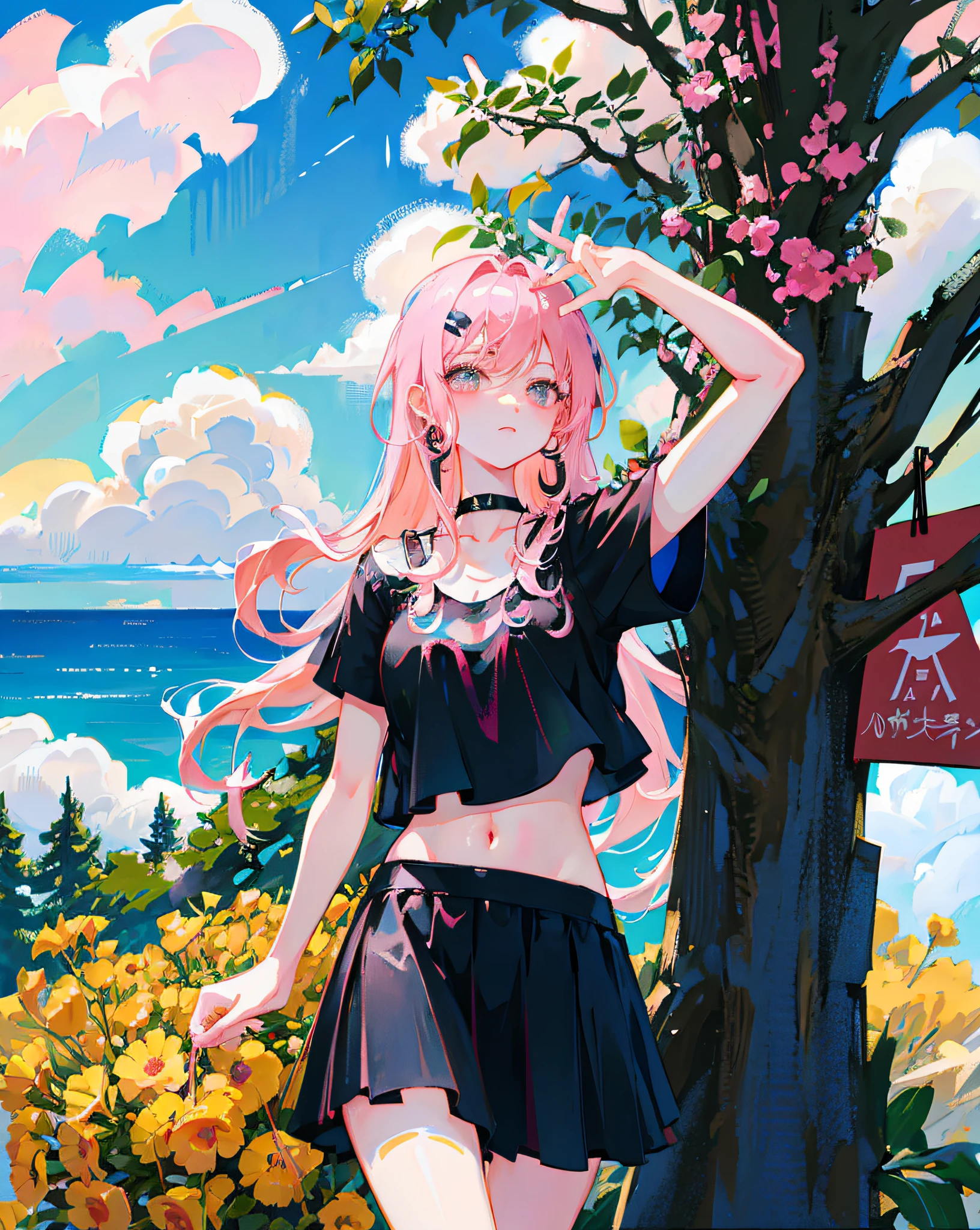 (Realistic painting style:1.0), Masterpiece, Best quality, absurderes, comic strip, illustration,
1 girl, Long hair, Cute girl, young and cute girl, Korean girl, {Breasts}, Hana,
A girl in a black dress sits on a rock next to a tree, wearing sexy cropped top, wearing crop top and miniskirt, Black top, wearing a black cropped tank top, Black skirt, a black choker,
Pink hair, Pink hair, with pink hair, with pink hair,
