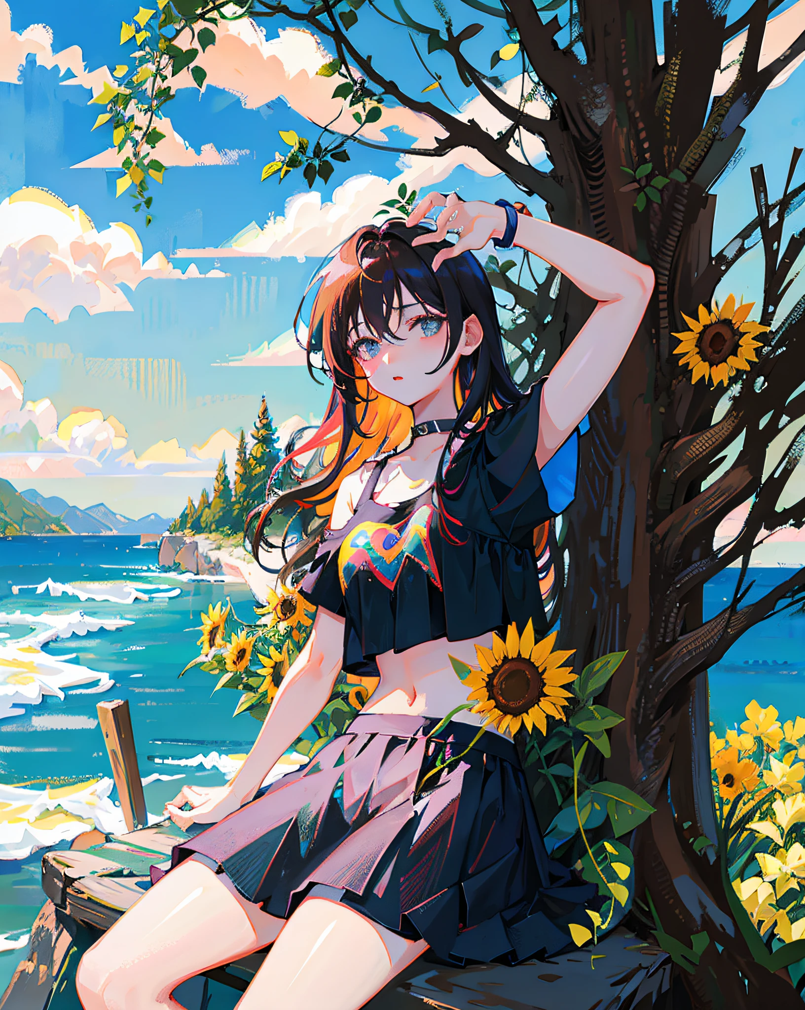 (Realistic painting style:1.0), Masterpiece, Best quality, absurderes, comic strip, illustration,
1 girl, long hair, cute girl, young and cute girl, Korean girl, {Breasts}, hana,
a girl sitting on a rock near a tree in a black dress, wearing a sexy cropped top, wearing crop top and miniskirt, black top, wearing a black cropped tank top, black skirt, a black chocker,