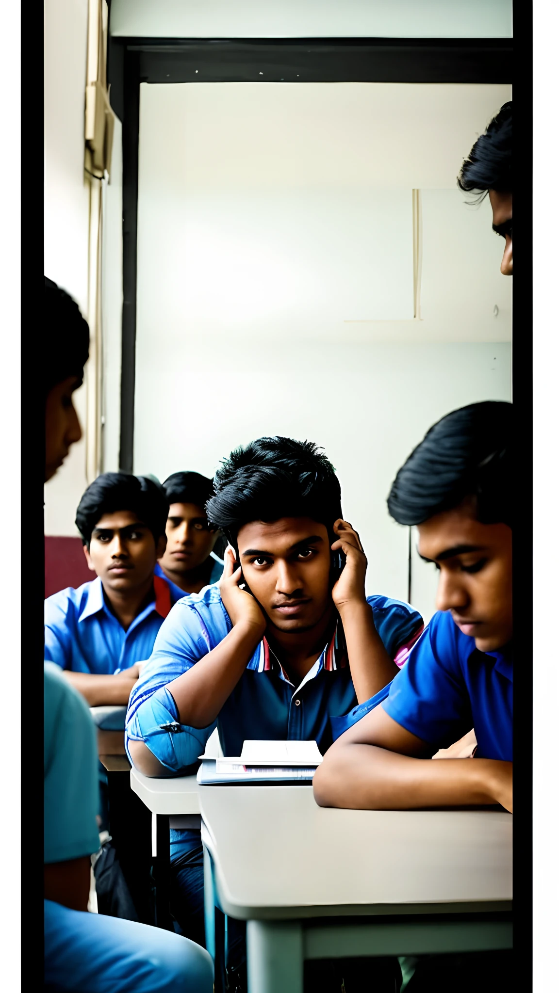 there are many people sitting around a table with a cell phone, at college, candid picture, candid photography, candid photo, jayison devadas style, candid shot, jayison devadas, candid photograph, candid!! dark background, edited in photoshop, candid portrait, in a classroom, looking at camera!!!, student, serious focussed look, complex composition!!