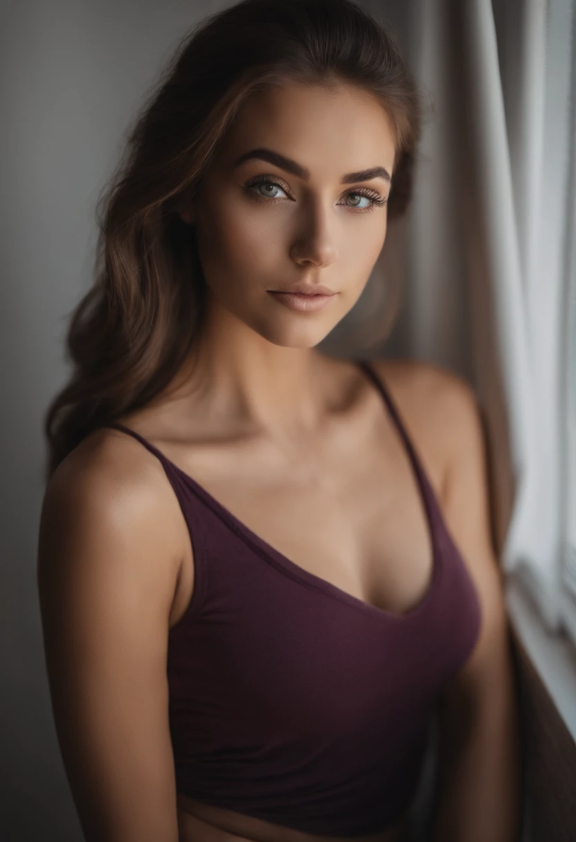 Arafed woman with matching tank top and panties, fille sexy mais pas trop aux yeux bruns, Portrait Sophie Mudd, cheveux bruns et grands yeux, selfie of a young woman, Yeux de chambre, Violet Myers, sans maquillage, maquillage naturel, looking straight at camera, Visage avec Artgram, Maquillage subtil, Superbe photo du corps entier, dans la chambre, clivage