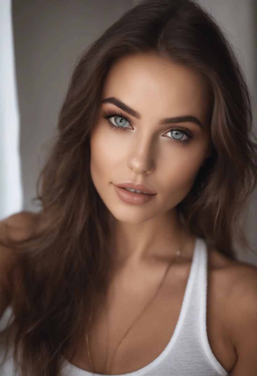 arafed woman with matching tank top and panties, sexy girl with brown eyes, portrait sophie mudd, brown hair and large eyes, selfie of a young woman, bedroom eyes, violet myers, without makeup, natural makeup, looking directly at the camera, face with artgram, subtle makeup, stunning full body shot, in bedroom, cleavage