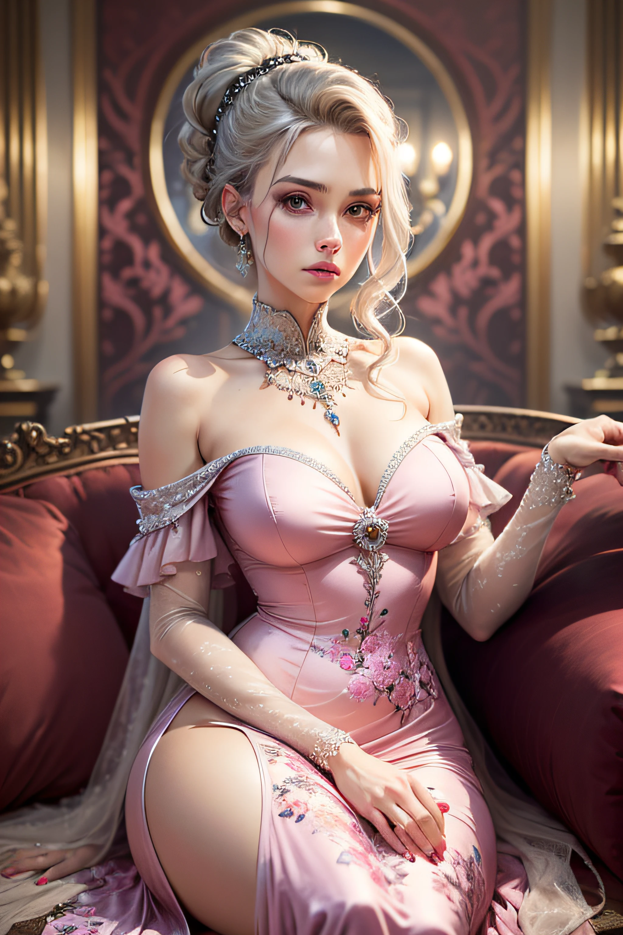 Woman, serious, elegant, pink dress, aristocratic, silver elements, long nails, bare shoulders, hairstyle, hair up, braid and ponytail, messy, arrogant, absurdes, detailed dress, royalty, celebration, hall decorated with flowers, cowboy shot, portrait, (best quality), (masterpiece), (highly detailed), (4k)