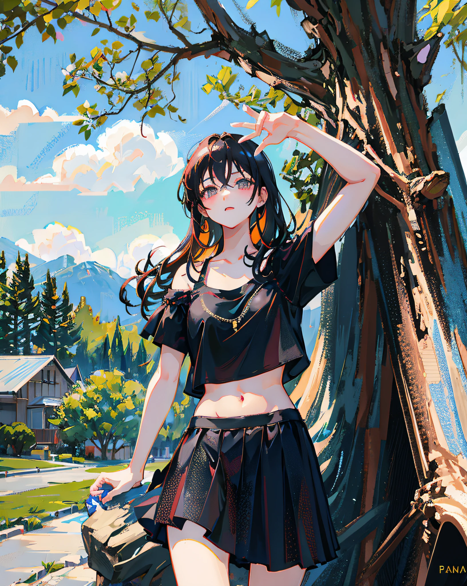 (Realistic painting style:1.0), Masterpiece, Best quality, absurderes, comic strip, illustration,
1 girl, long hair, cute girl, young and cute girl, Korean girl, {Breasts}, hana,
a girl sitting on a rock near a tree in a black dress, wearing a sexy cropped top, wearing crop top and miniskirt, black top, wearing a black cropped tank top, black skirt, a black chocker,