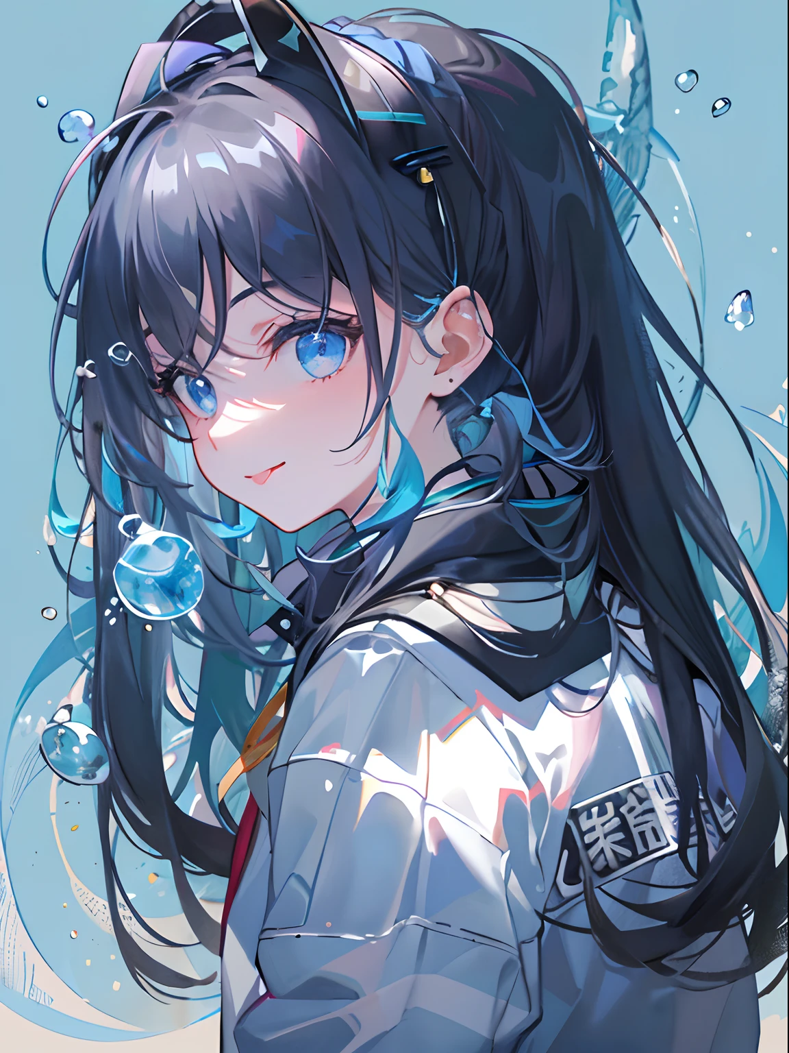 ((top-quality)), ((masterpiece)), ((ultra-detailliert)), (extremely delicate and beautiful), girl with, 独奏, cold attitude,((Black jacket)),She is very(relax)with the(Settled down)Looks,A dark-haired, depth of fields,evil smile,Bubble, under the water, Air bubble,bright light blue eyes,Inner color with black hair and light blue tips,Cold background,Bob Hair - Linear Art, a miniskirt、knee high socks、White uniform like school uniform、Light blue ribbon ties、Clothes are sheer、Hands in pockets、Ponytail hair, Bright eyes like sapphires, flourescent blue, stick out tongue
