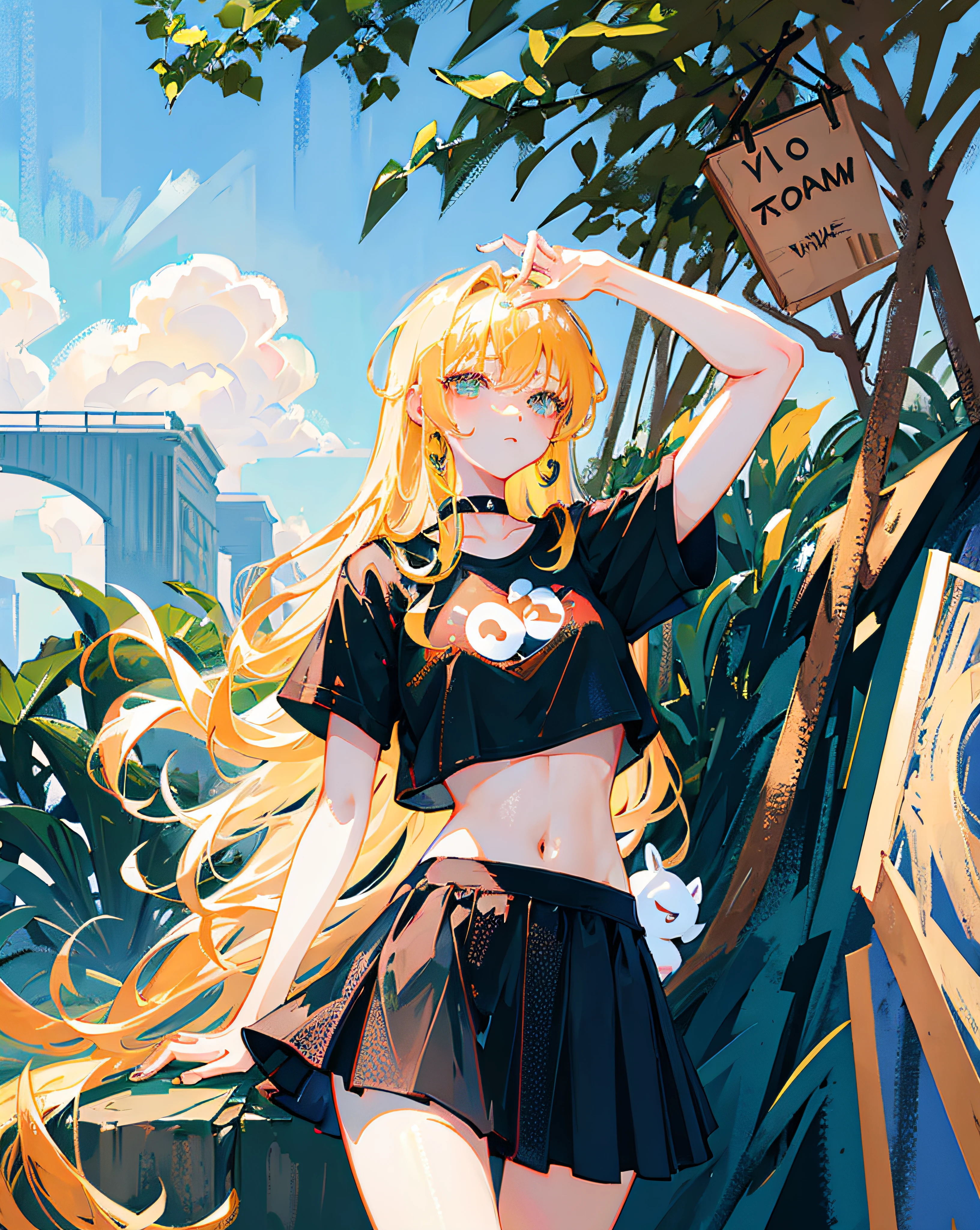 (Realistic painting style:1.0), Masterpiece, Best quality, absurderes, comic strip, illustration,
1 girl, Long hair, Cute girl, young and cute girl, Korean girl, {Breasts}, Hana,
A girl in a black dress sits on a rock next to a tree, wearing sexy cropped top, wearing crop top and miniskirt, Black top, wearing a black cropped tank top, Black skirt, a black choker,
Blonde, Blonde hair, blond hairbl,