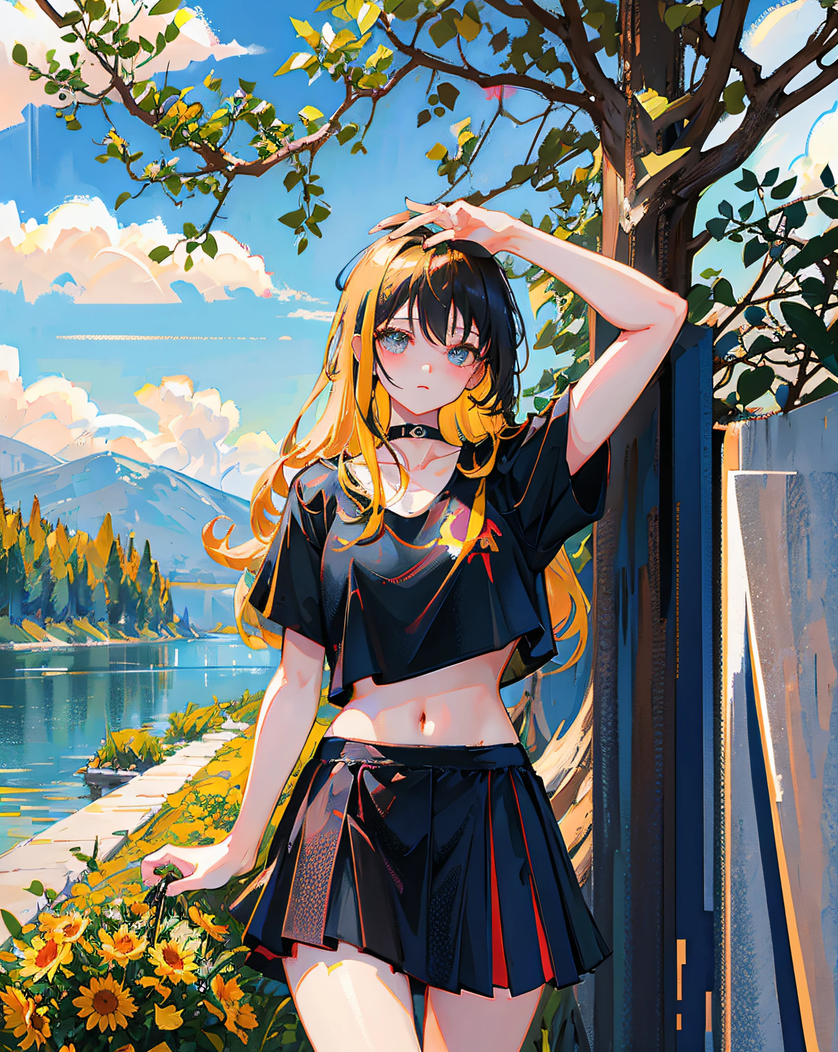 (Realistic painting style:1.0), Masterpiece, Best quality, absurderes, comic strip, illustration,
1 girl, Long hair, Cute girl, young and cute girl, Korean girl, {Breasts}, Hana,
A girl in a black dress sits on a rock next to a tree, wearing sexy cropped top, wearing crop top and miniskirt, Black top, wearing a black cropped tank top, Black skirt, a black choker,
Blonde, Blonde hair, blond hairbl,