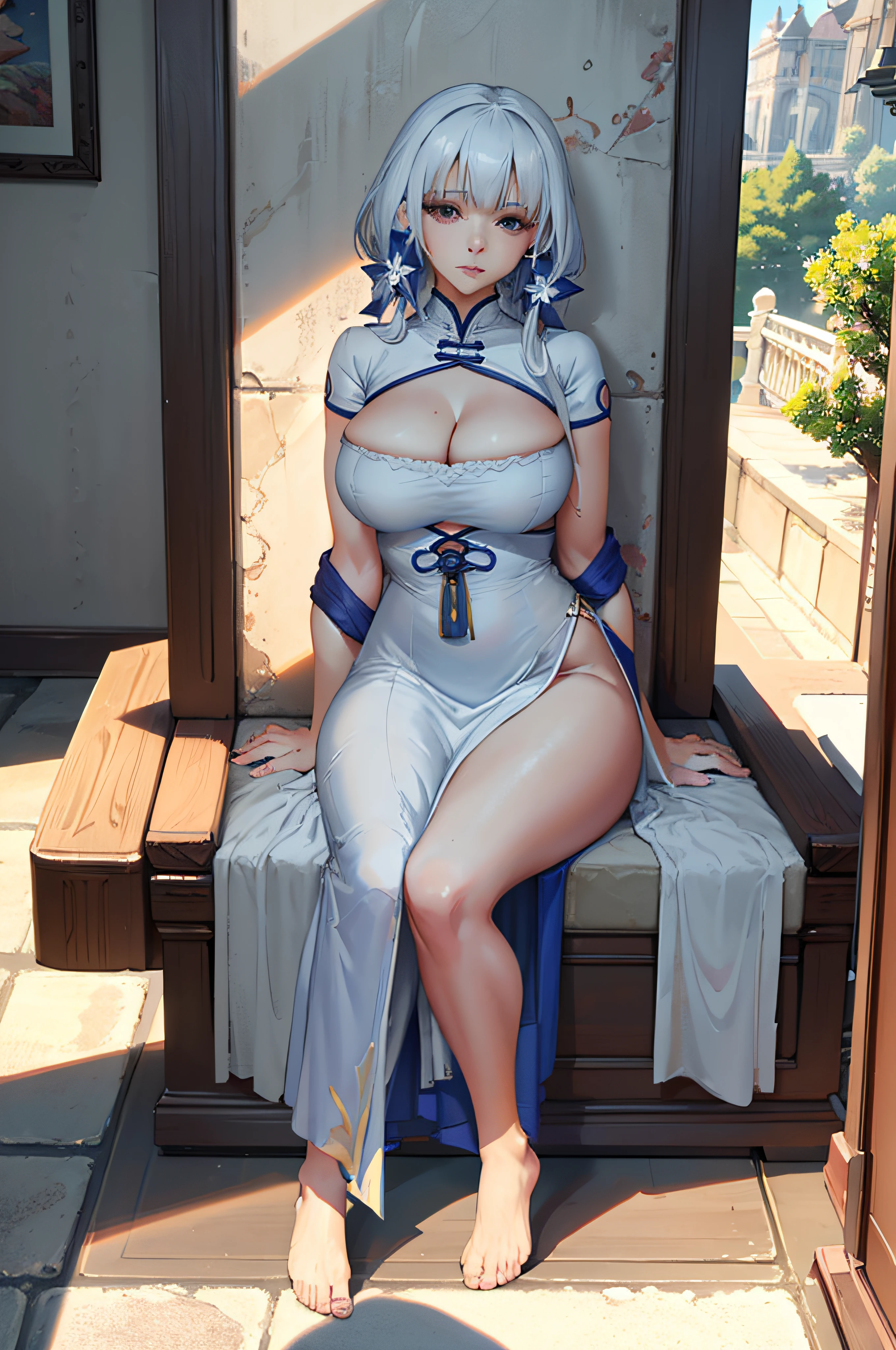 illustrious (maiden lily's radiance) (azur lane);
mature woman performing a footjob on a big cucumber, with her arms lift up, wearing a short and sexy blue and white dress, her feet are bare; older female; long platinium hair; hair accessory; earings; thin necklace; large breasts; cleavage; bare legs; shaped thighs; barefoot; blue and white dress; short dress; sexy dress; near a gate; mansion; morning light; sunlight; ethereal; looking at viewer; seductive anime girl; seductive look; sexy pose; full body; (full body shot:1.1); beautiful detailed eyes; beautiful detailed girl; curvy:1.1; dynamic pose; fashion clothing with diverse colors; perfect eyes; perfect face; perfect retina; perfect hands; perfect fingers; perfect feet; perfect toes; ultra detail face; ultra detail hair; very detailed eyes and face; ambient occlusion; cinematic lighting; field of view; fluid motion; harmony; interconnected elements; movie lighting; photorealistic lighting; realistic shadows; (vibrant colors:1.05); vivid lighting; warm and cool color palette; amazing; solo; trending on artstation pixiv; 8k wallpaper; best quality; CG; detailed painting; fine detail; (High Quality:1.4); high resolution; huge file size; illustration; Intricate Details; masterpiece; (photorealistic:1.4); professional artwork; (raw photo:1.2); reflective art; sharp focus; super detailed; unified; very detailed; extremely detailed artgerm; (nsfw) Not Safe For Work; from Azur Lane; Azur Lane Style; based on 梦咲枫 artworks;