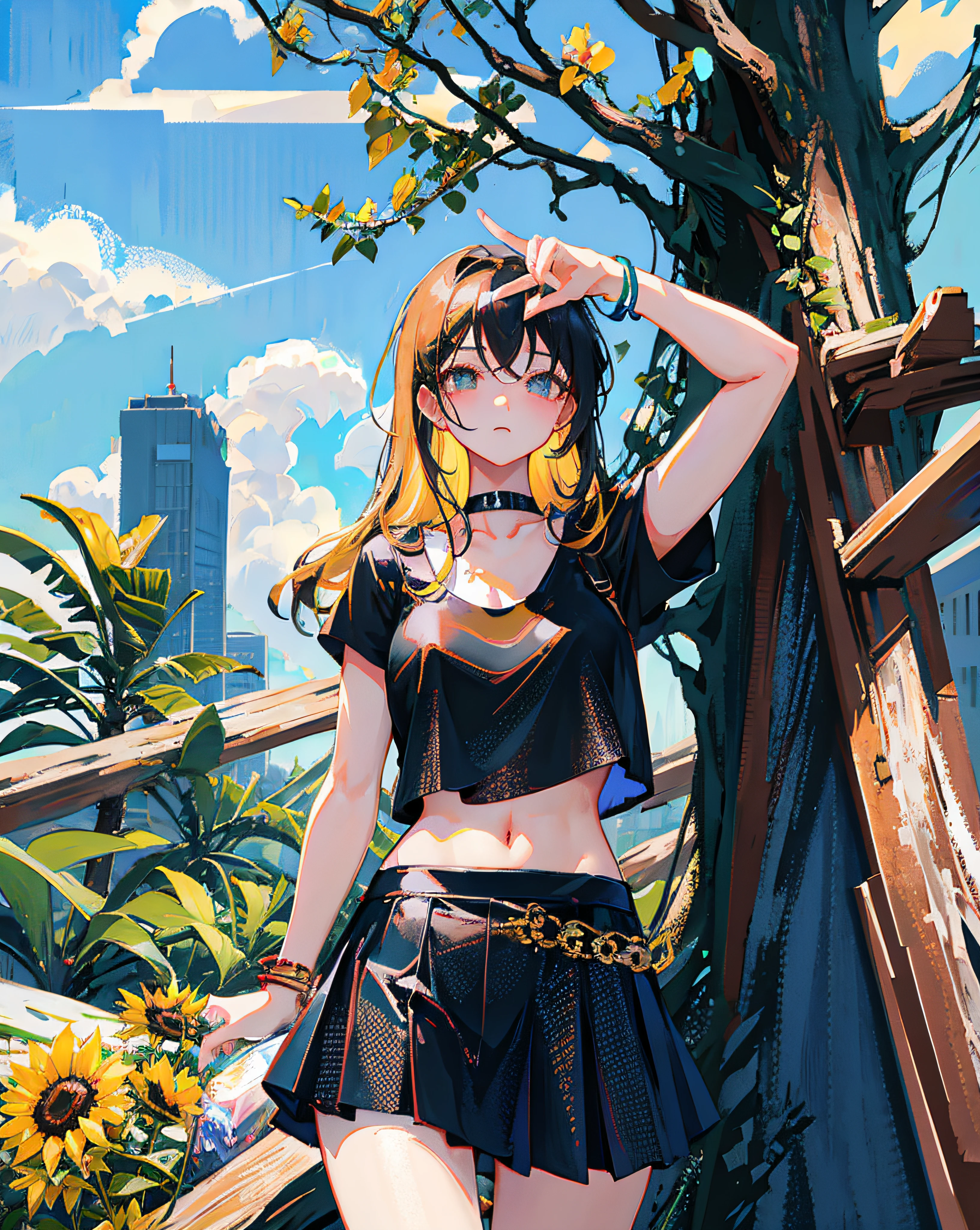 (Realistic painting style:1.0), Masterpiece, Best quality, absurderes, comic strip, illustration,
1 girl, Long hair, Cute girl, young and cute girl, Korean girl, {Breasts}, Hana,
A girl in a black dress sits on a rock next to a tree, wearing sexy cropped top, wearing crop top and miniskirt, Black top, wearing a black cropped tank top, Black skirt, a black choker,
Blonde, Blonde hair, blond hairbl,