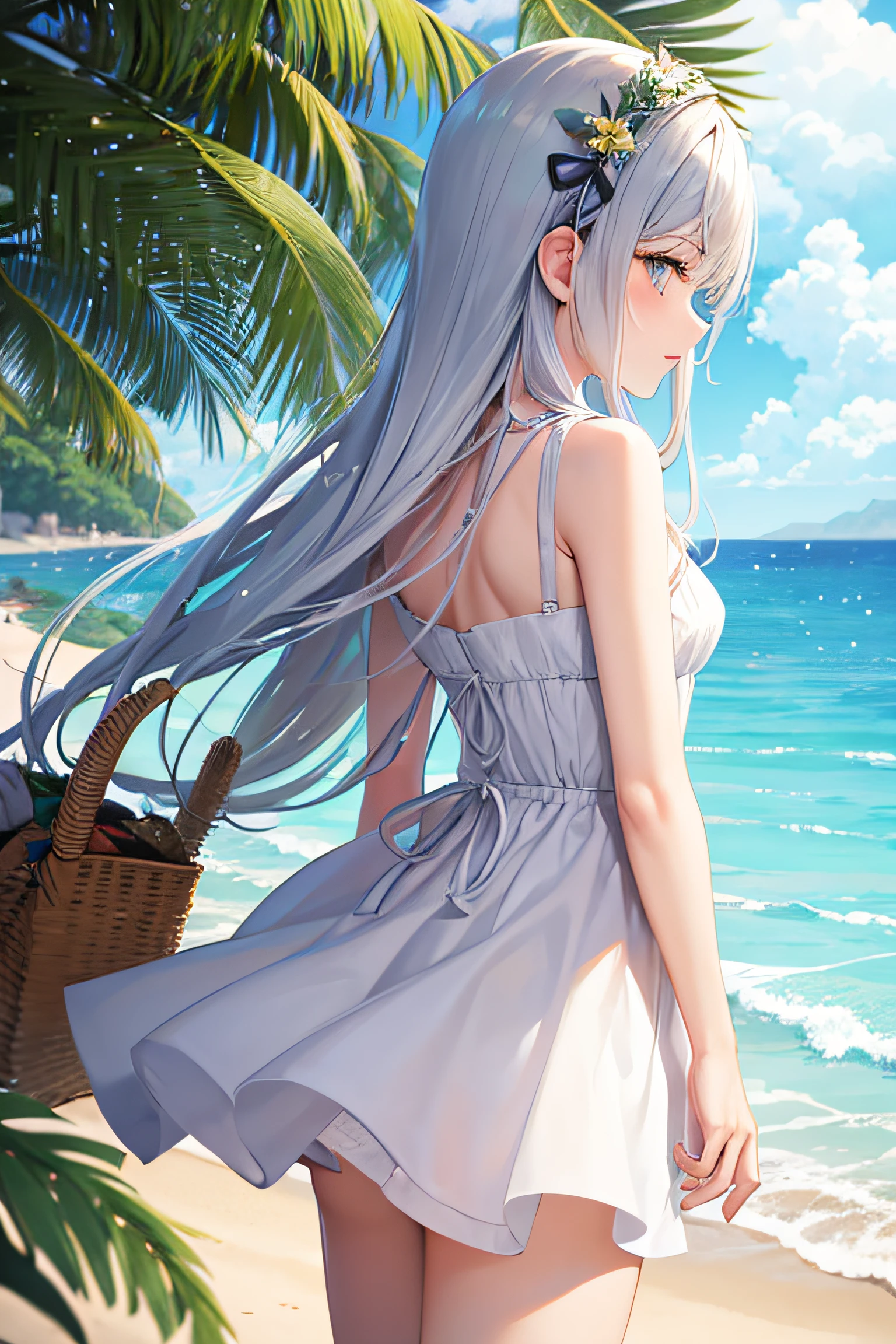 1 girl in, (masutepiece: 1.1), (Best Quality: 1.1), Summery sleeveless mini dress, (Beach: 1.1), From below、Cowboy Shot, Silver hair, Long hair, Green eyes, Side view,
