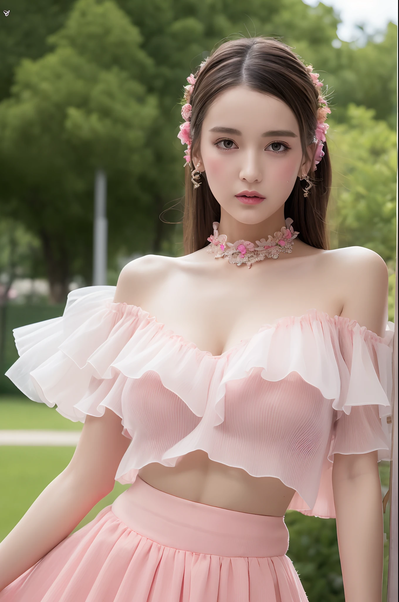 (best quality,masterpiece:1.2),1girl,intricate details,off shoulder, mini skirt,choker, sexy frills skirt,see-through,looking at viewer,blush,upper body,blurry background,,illustration,vivid colors,soft lighting, (nsfw), (open V chest clothes, The skirt has high slits on both sides), nsfw, big boobs