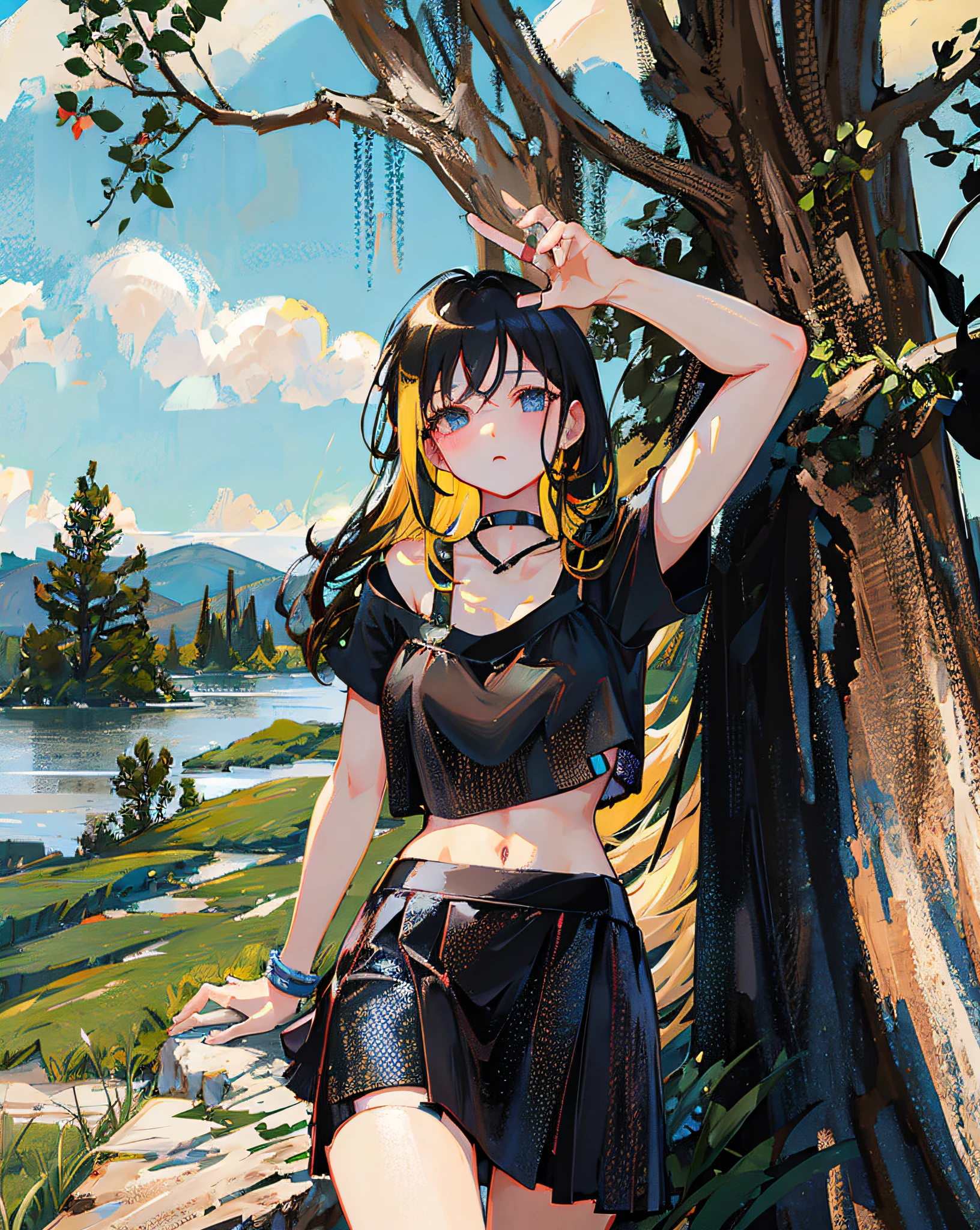 (Realistic painting style:1.0), Masterpiece, Best quality, absurderes, comic strip, illustration,
1 girl, Long hair, Cute girl, young and cute girl, Korean girl, {}, Hana, 
A girl in a black dress sits on a rock next to a tree, wearing  cropped top, wearing crop top and , Black top, wearing a black cropped tank top, Black skirt, a black choker, 
Blonde, Blonde hair, blond hairbl,