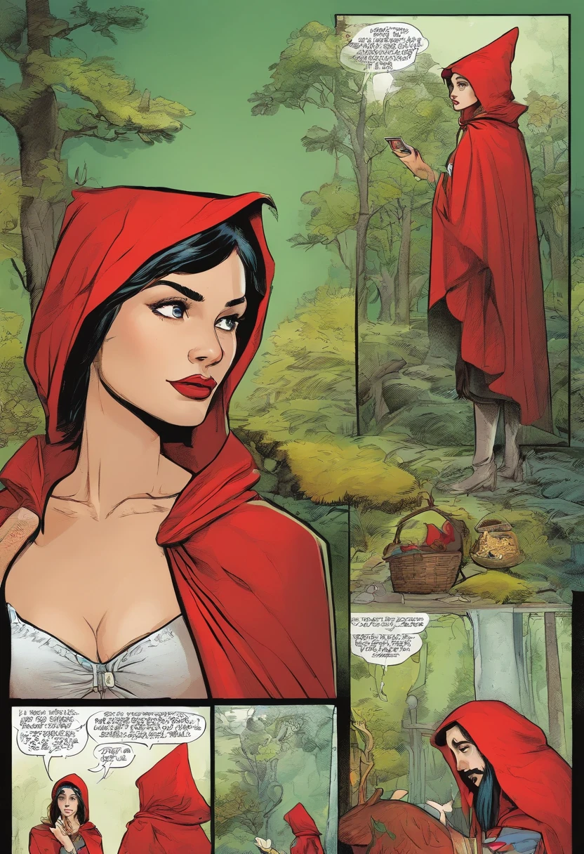 Veronica Cifra dressed as Little Red Riding Hood talking to the wise raven, livro aberto ao lado do corvo, ao fundo uma floresta colorida,
