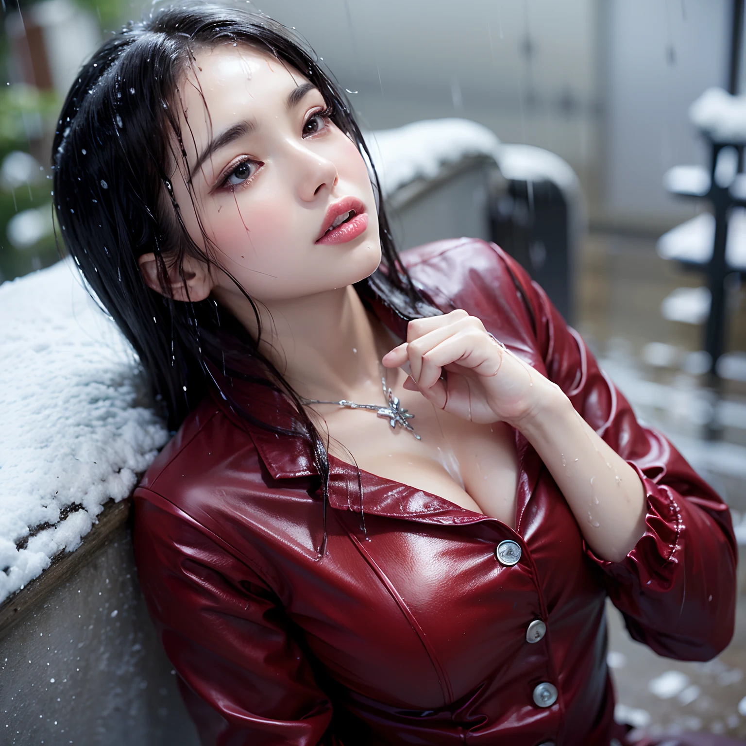 ((32K, top-quality:1.5, masterpiece, 超A high resolution, Photorealsitic)), low angles, 1girl in, 22year old, street corner, winter night, (((Heavy snowfall))), Highly detailed facial and skin texture:1.2, ((look up sky, Slender beauty getting wet in the rain:1.4)), (Rain drips all over the body:1.2, wetting hair, Wet clothes:1.1, water drop on the skin), ((Wet Office Lady Uniform in Wine Red Color:1.2, Button is not closed, Wet bra)), ((Open valley, big breasts popping out:1.1)), (Melancholy pose and gloomy look:1.2), Wet pantyhose:1.1, Wet pink panties, Silver necklace, blurry backround, Extremely beautiful face, Upper body only, low angles