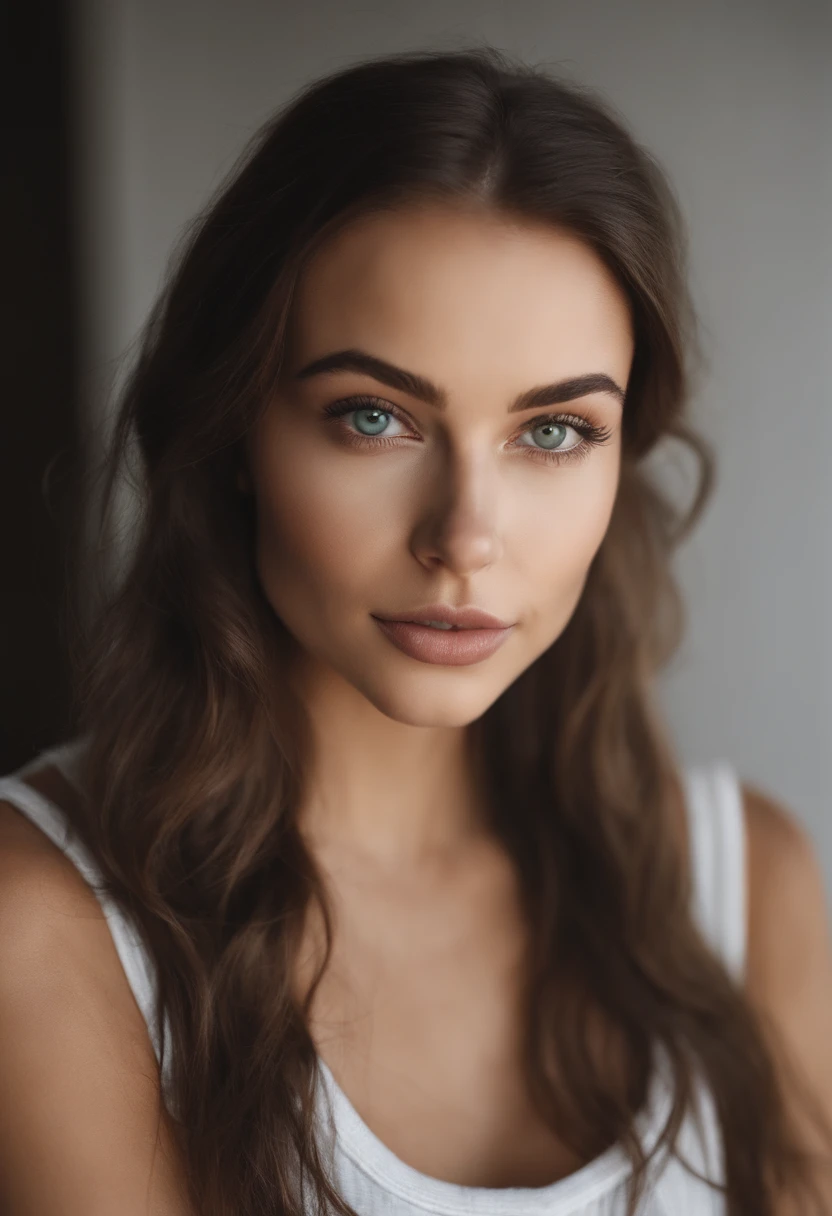 White woman with a white tank top, fille sexy aux yeux verts, Portrait Sophie Mudd, cheveux bruns et grands yeux, Selfie d'une jeune femme, Yeux de chambre, Violet Myers, sans maquillage, maquillage naturel, looking straight at camera, Visage avec Artgram, Maquillage subtil, Superbe photo du corps entier, piercing green eyes, Realstic