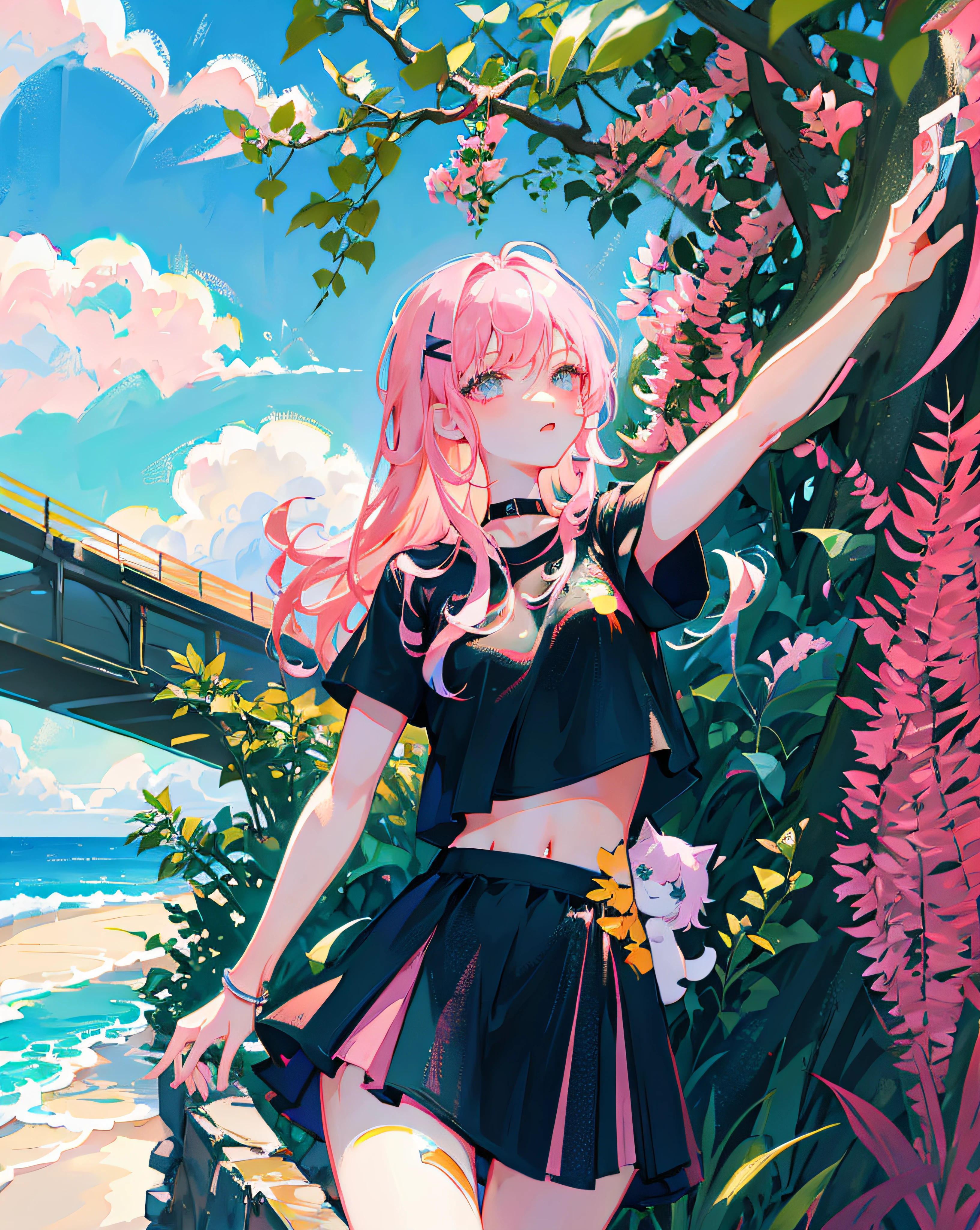 (Realistic painting style:1.0), Masterpiece, Best quality, absurderes, comic strip, illustration,
1 girl, Long hair, Cute girl, young and cute girl, Korean girl, {Breasts}, Hana,
A girl in a black dress sits on a rock next to a tree, wearing sexy cropped top, wearing crop top and miniskirt, Black top, wearing a black cropped tank top, Black skirt, a black choker,
Pink hair, Pink hair, with pink hair, with pink hair,
