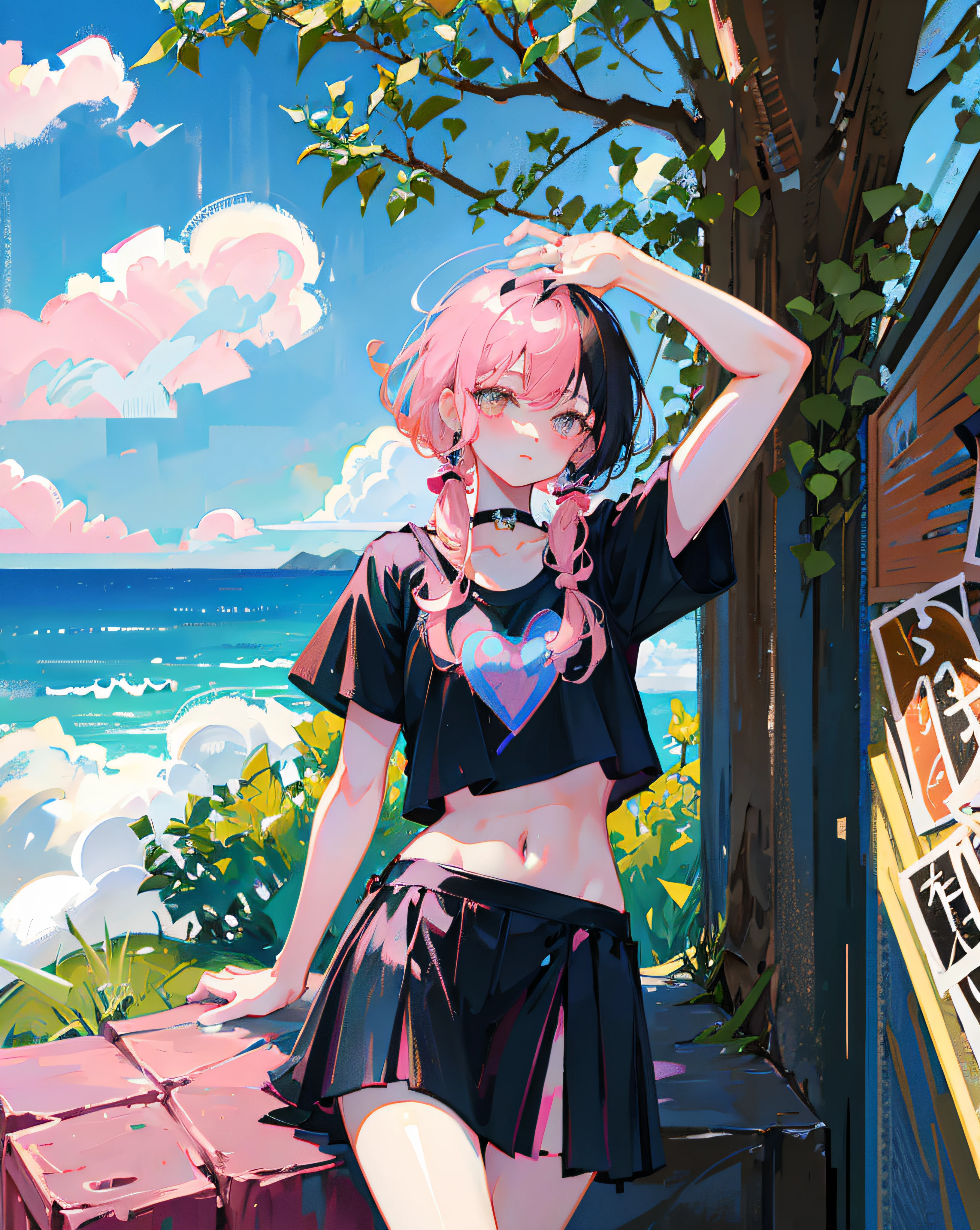 (Realistic painting style:1.0), Masterpiece, Best quality, absurderes, comic strip, illustration,
1 girl, Long hair, Cute girl, young and cute girl, Korean girl, {Breasts}, Hana, 
A girl in a black dress sits on a rock next to a tree, wearing sexy cropped top, wearing crop top and miniskirt, Black top, wearing a black cropped tank top, Black skirt, a black choker, 
Pink hair, Pink hair, with pink hair, with pink hair,