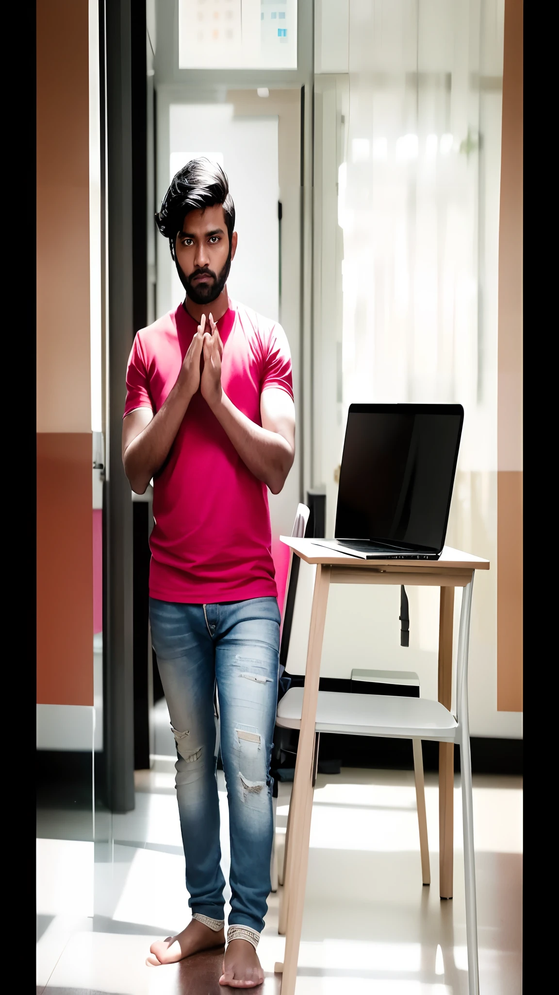 there is a man standing in front of a table with a laptop, jayison devadas style, at college, in a classroom, malayalis attacking, artistic pose, teacher, standing in class, edited in photoshop, youtube thumbnail, youtube video, teaching, jayison devadas, sitting in the classroom, serious focussed look, very artistic pose