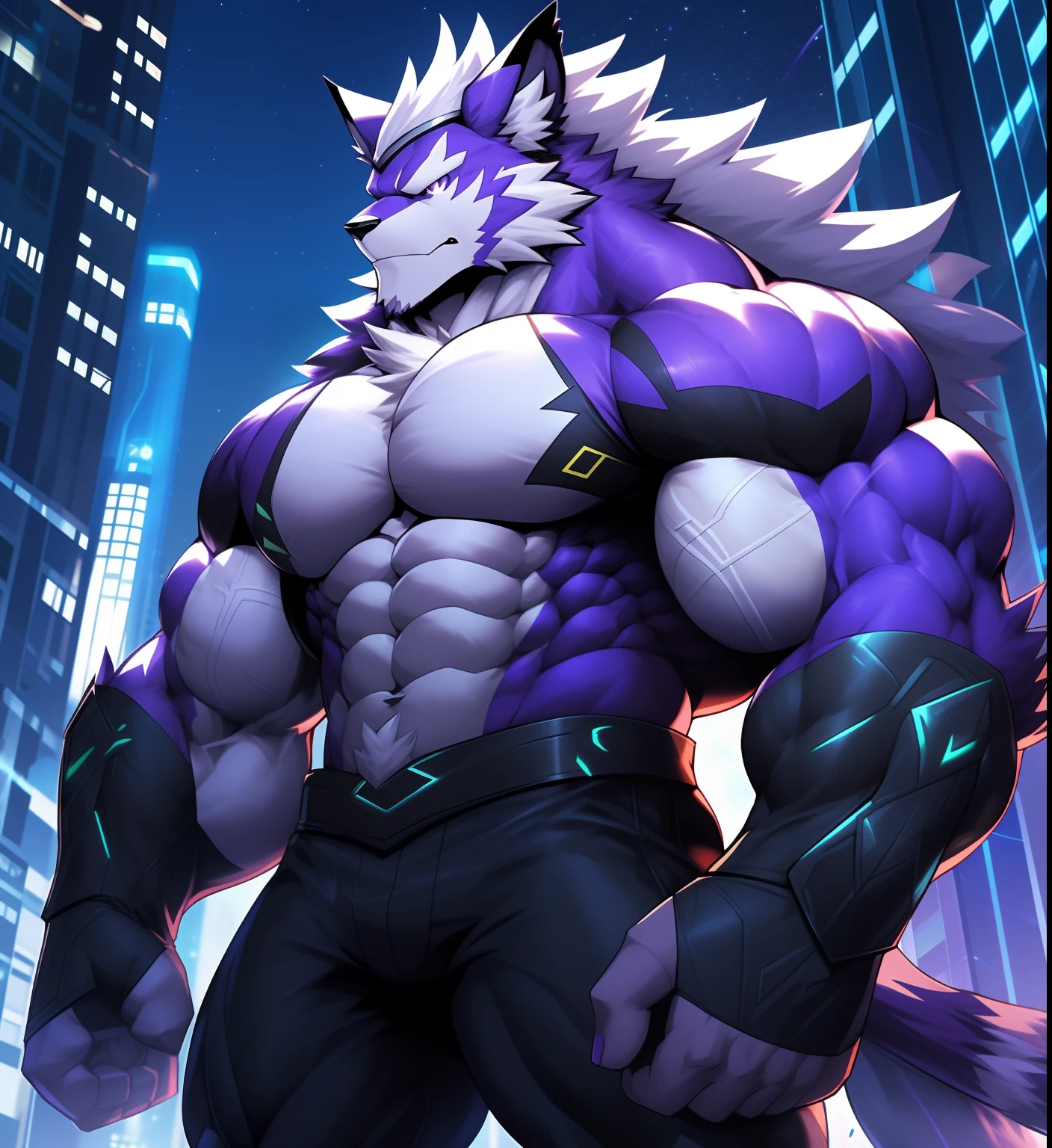 City background, skyscraper, futuristic city, night, stars, night lights, Machoke Gigachad, super hero, hero, bodysuit, massive muscles, huge pecs, chiseled abs, huge pectorals, exaggeratedly huge muscles. a furry hero whose presence inspires trust and respect. (((His hero costume is white, silver and purple.)))