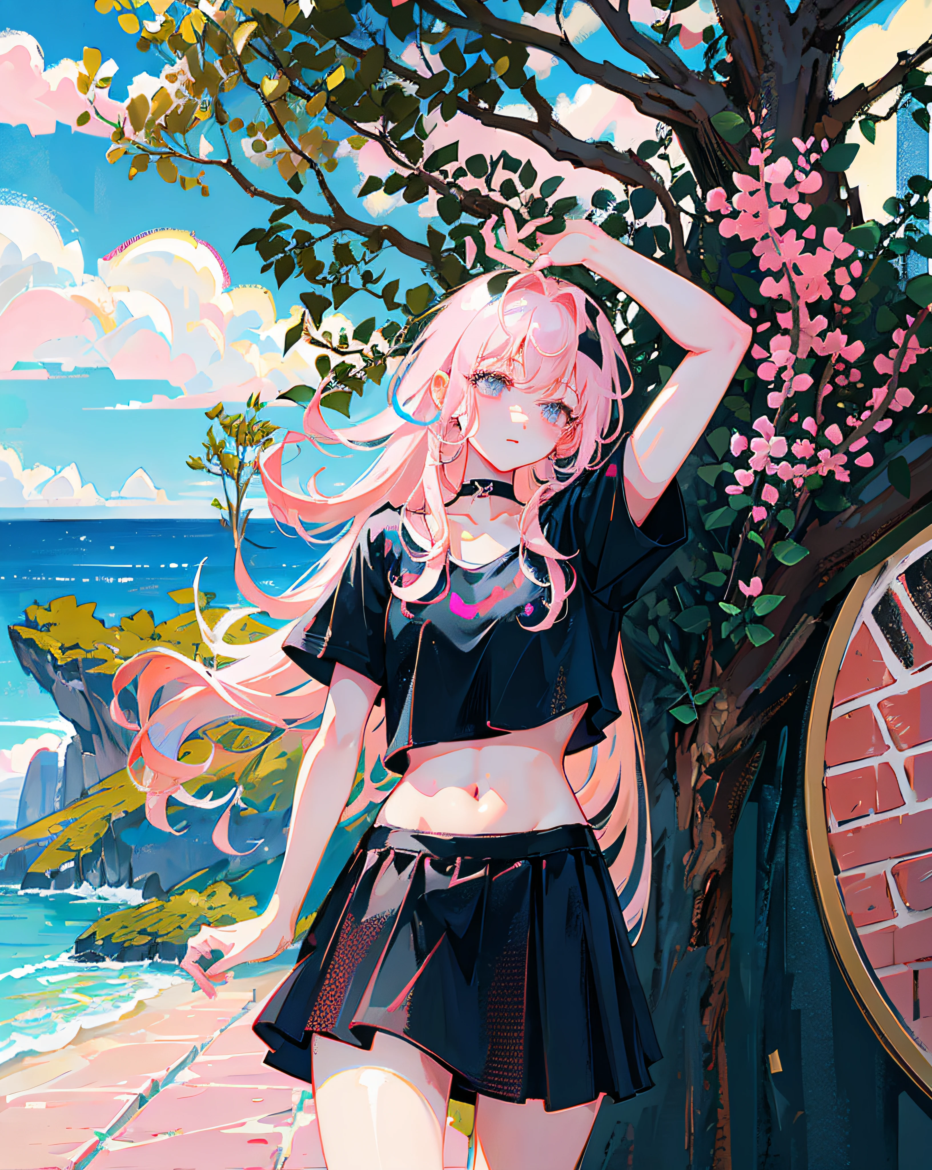 (Realistic painting style:1.0), Masterpiece, Best quality, absurderes, comic strip, illustration,
1 girl, Long hair, Cute girl, young and cute girl, Korean girl, {Breasts}, Hana, 
A girl in a black dress sits on a rock next to a tree, wearing sexy cropped top, wearing crop top and miniskirt, Black top, wearing a black cropped tank top, Black skirt, a black choker, 
Pink hair, Pink hair, with pink hair, with pink hair,