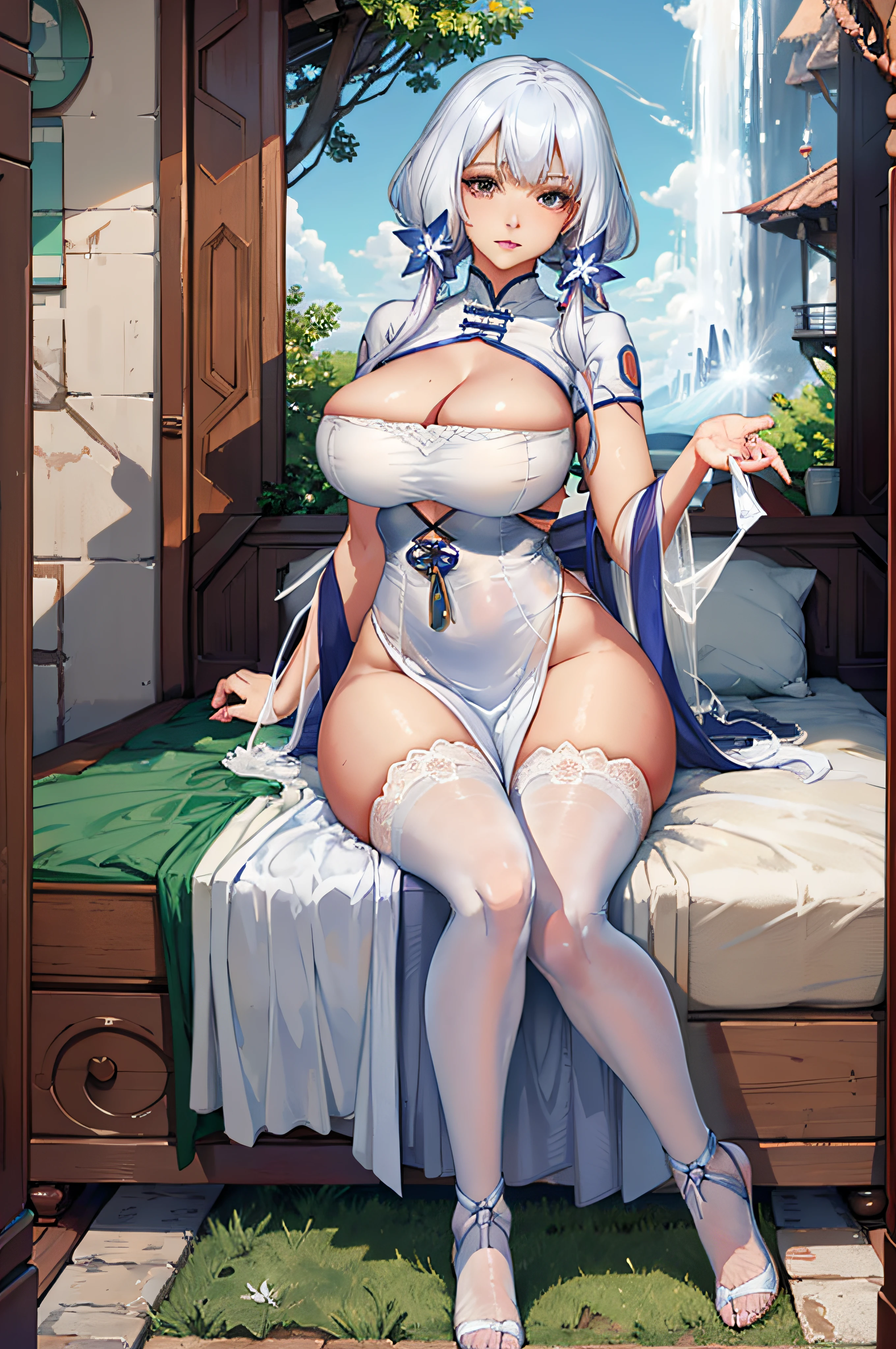 illustrious (maiden lily's radiance) (azur lane);
mature woman performing a footjob on a big cucumber, with her arms lift up, wearing a short and sexy blue and white dress, her feet are bare; older female; long platinium hair; hair accessory; earings; thin necklace; large breasts; cleavage; bare legs; shaped thighs; barefoot; blue and white dress; short dress; sexy dress; near a gate; mansion; morning light; sunlight; ethereal; looking at viewer; seductive anime girl; seductive look; sexy pose; full body; (full body shot:1.1); beautiful detailed eyes; beautiful detailed girl; curvy:1.1; dynamic pose; fashion clothing with diverse colors; perfect eyes; perfect face; perfect retina; perfect hands; perfect fingers; perfect feet; perfect toes; ultra detail face; ultra detail hair; very detailed eyes and face; ambient occlusion; cinematic lighting; field of view; fluid motion; harmony; interconnected elements; movie lighting; photorealistic lighting; realistic shadows; (vibrant colors:1.05); vivid lighting; warm and cool color palette; amazing; solo; trending on artstation pixiv; 8k wallpaper; best quality; CG; detailed painting; fine detail; (High Quality:1.4); high resolution; huge file size; illustration; Intricate Details; masterpiece; (photorealistic:1.4); professional artwork; (raw photo:1.2); reflective art; sharp focus; super detailed; unified; very detailed; extremely detailed artgerm; (nsfw) Not Safe For Work; from Azur Lane; Azur Lane Style; based on 梦咲枫 artworks;