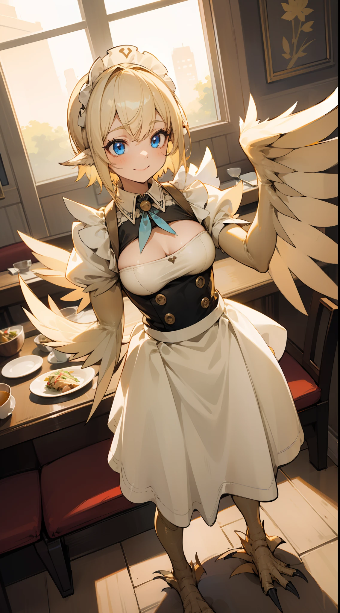 1girl,solo,happy face,maid outfit,medium tits,human ears,light blonde hair,short hair,blue eyes,harpy,(((light blonde wings))),claws,no arms,(((standing in a restaurant)))