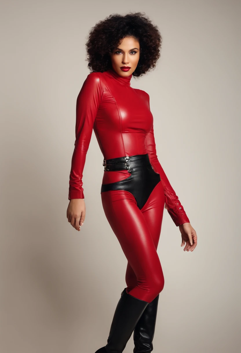woman body、Women are 、Sexy woman in red and black leather、Top、Well-proportioned body、Well-proportioned face、Innocent look、Wearing underwear、Leather underwear